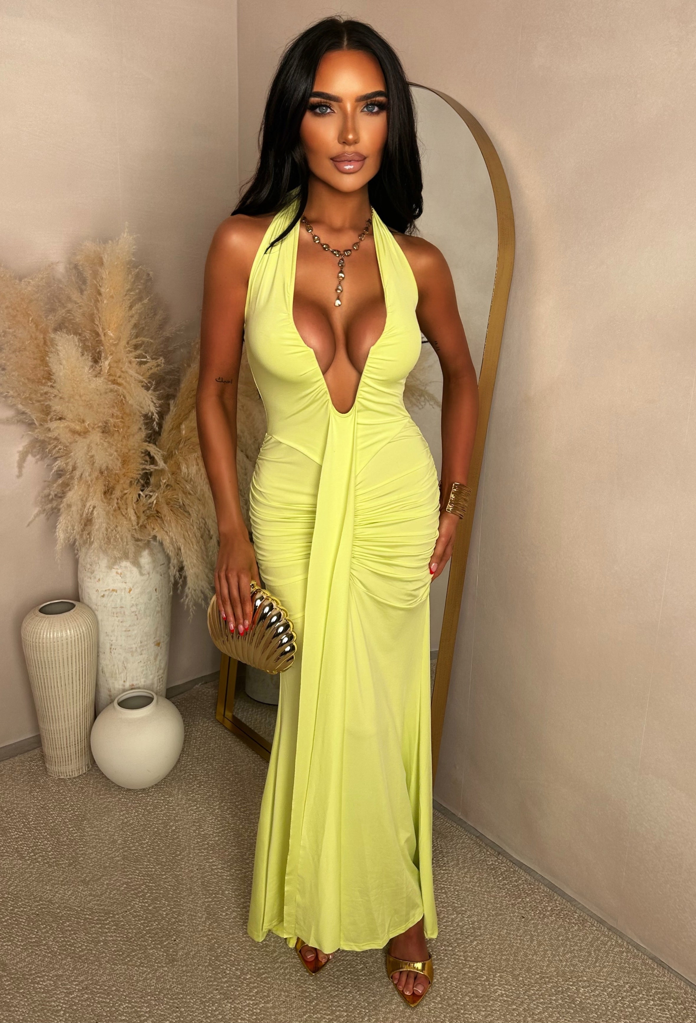 Nightfall Muse Lime Plunge Ruched Maxi Dress