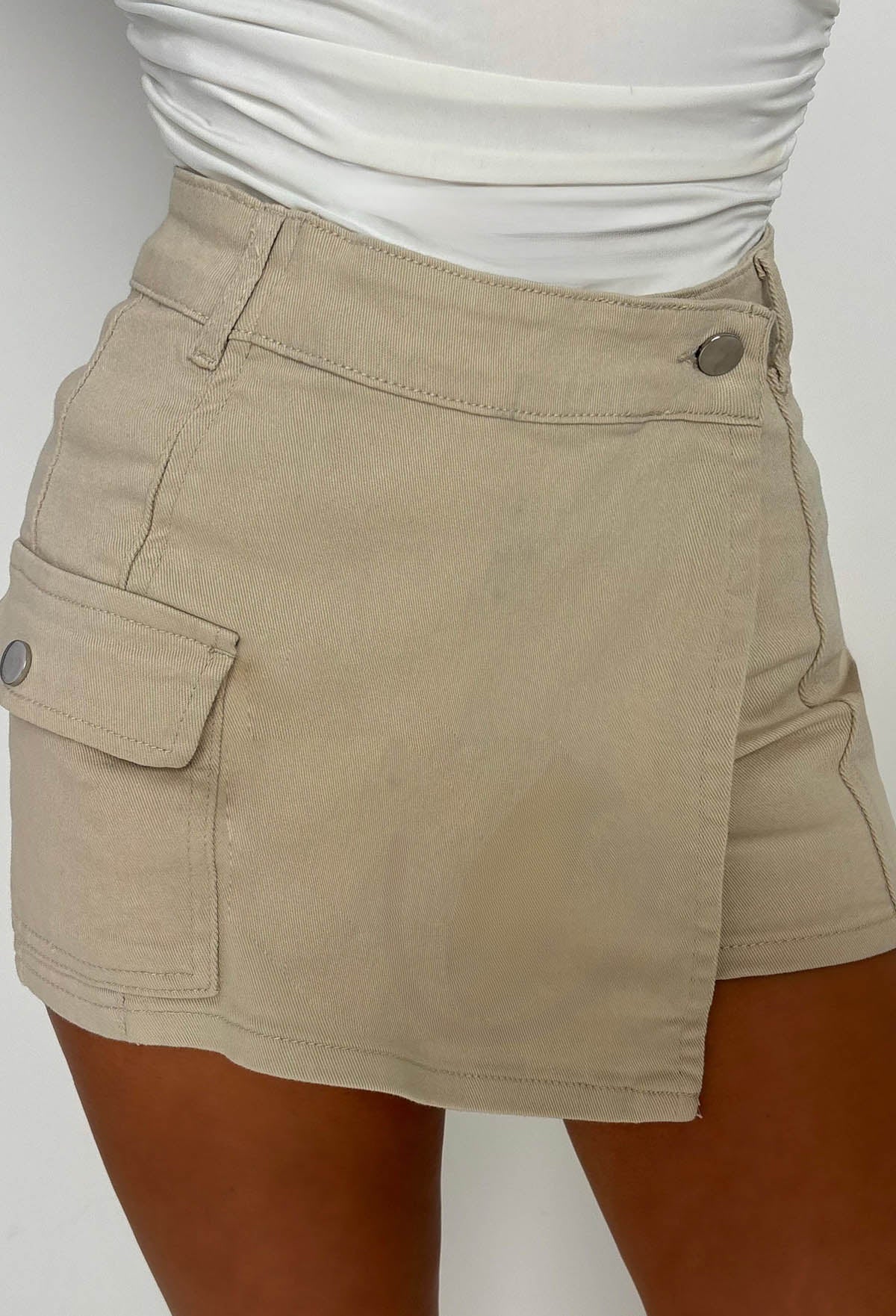 No Push Over Beige Stretch Wrap Over Cargo Skort