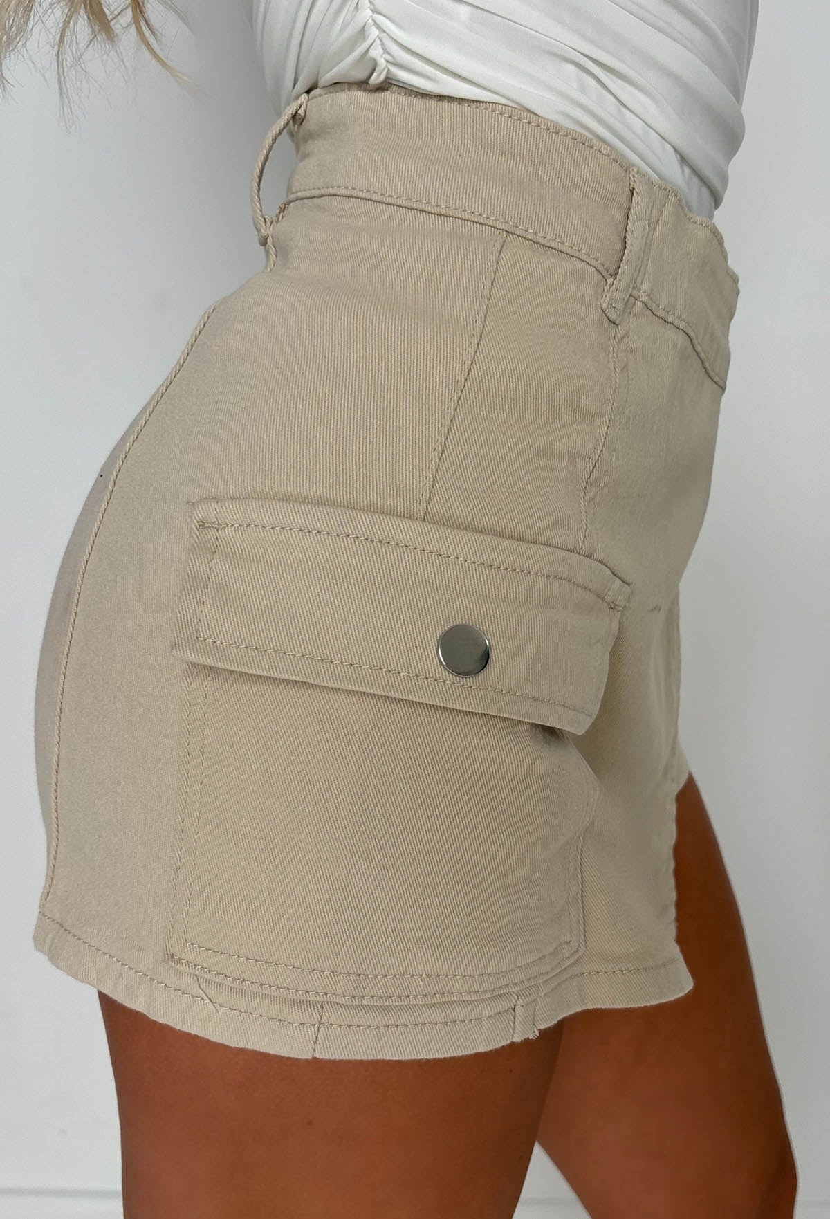 No Push Over Beige Stretch Wrap Over Cargo Skort