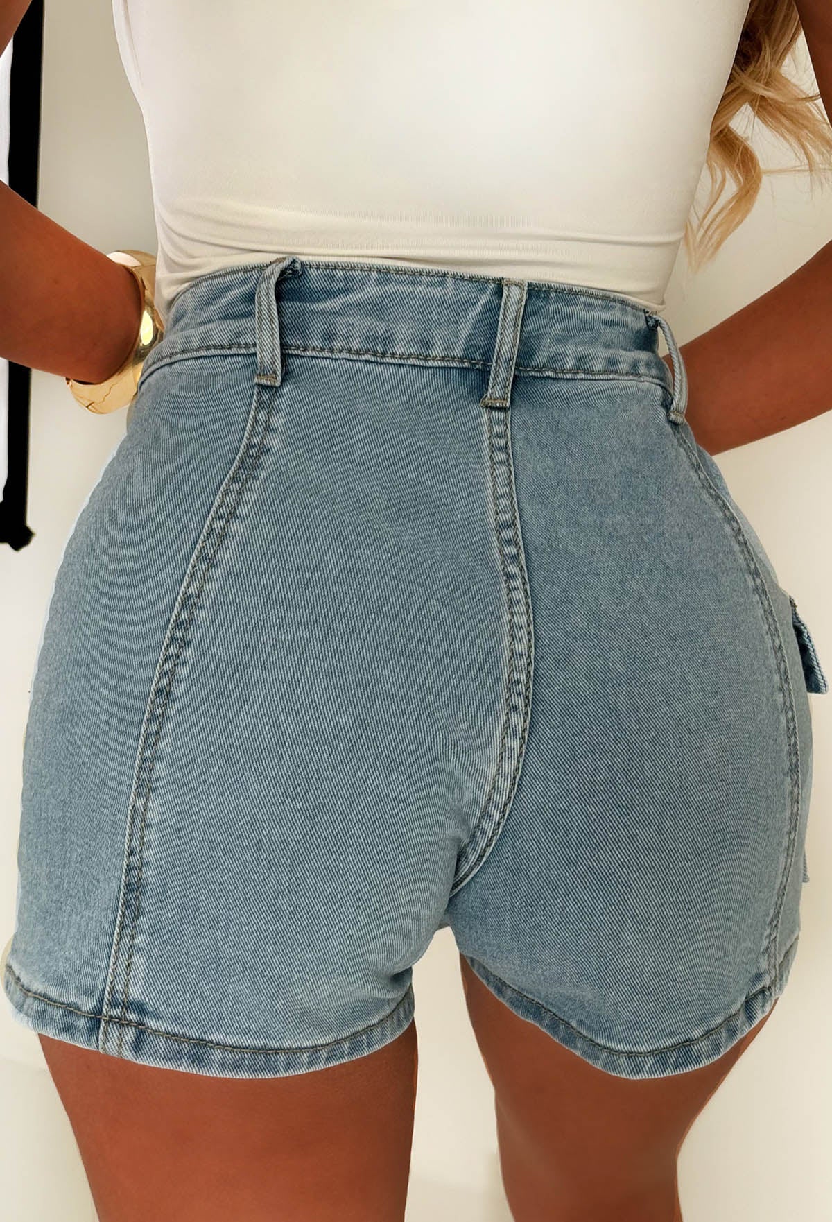 No Push Over Mid Blue Denim Stretch Wrap Over Cargo Skort