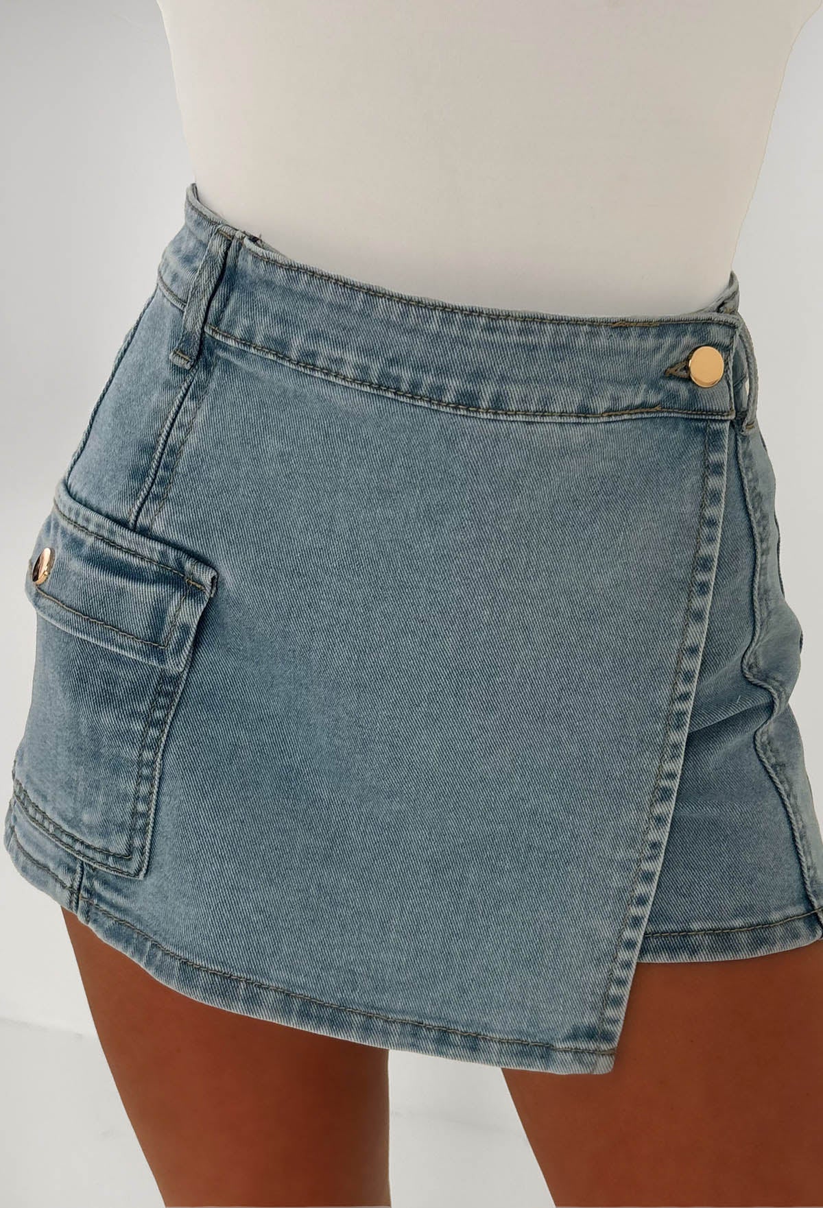 No Push Over Mid Blue Denim Stretch Wrap Over Cargo Skort