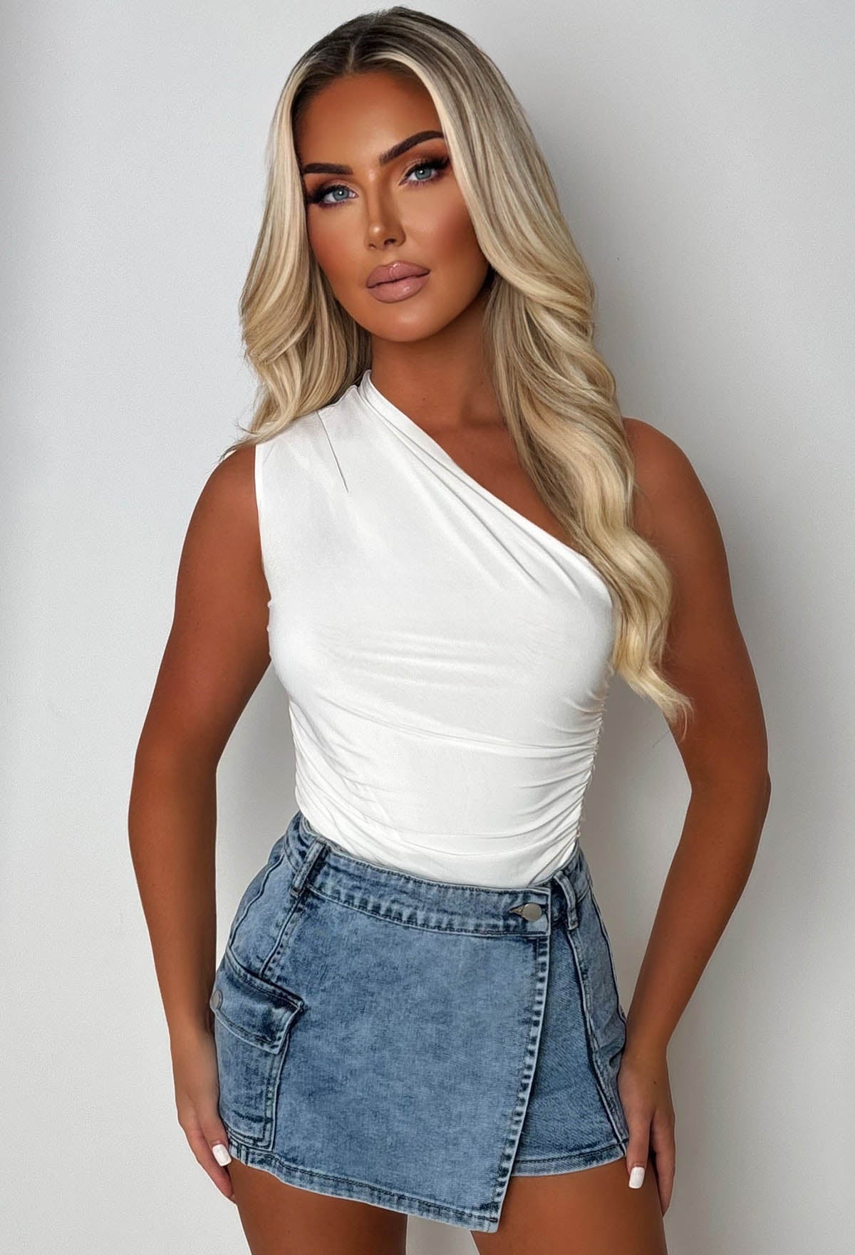 No Push Over Mid Blue Denim Stretch Wrap Over Cargo Skort