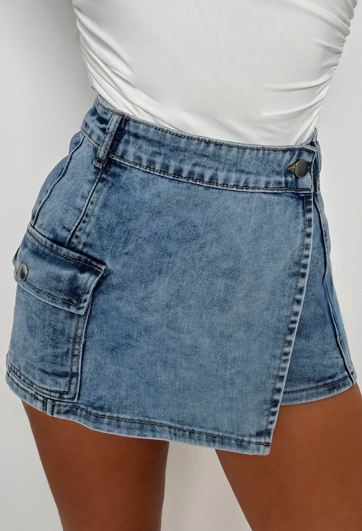 No Push Over Mid Blue Denim Stretch Wrap Over Cargo Skort