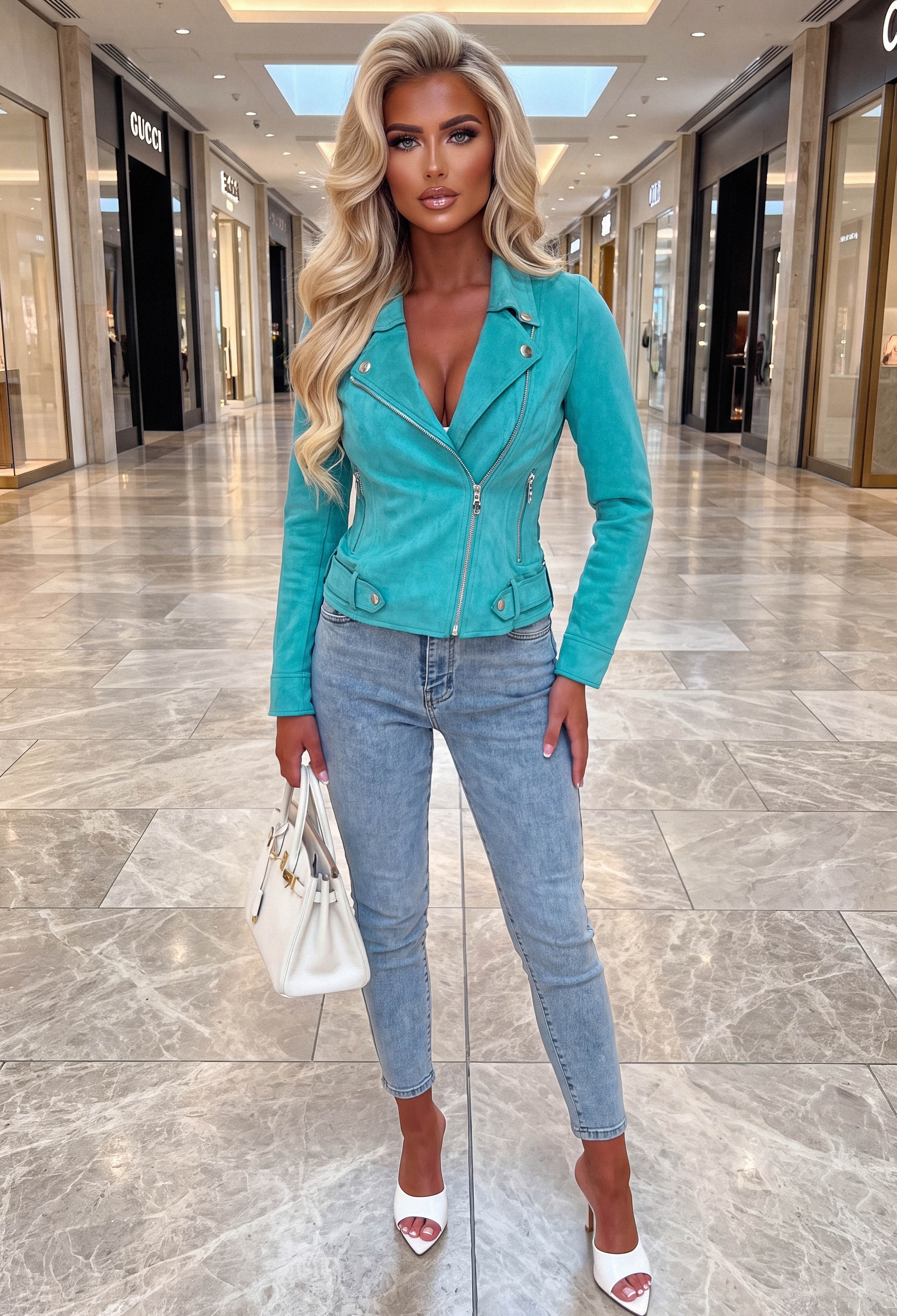 Aqua Lightweight Faux Suede Biker Jacket