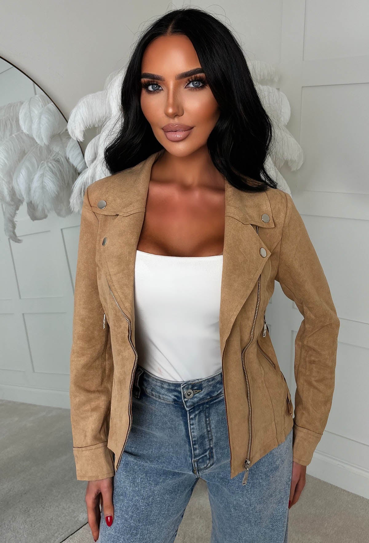 No Turning Back Beige Lightweight Faux Suede Biker Jacket