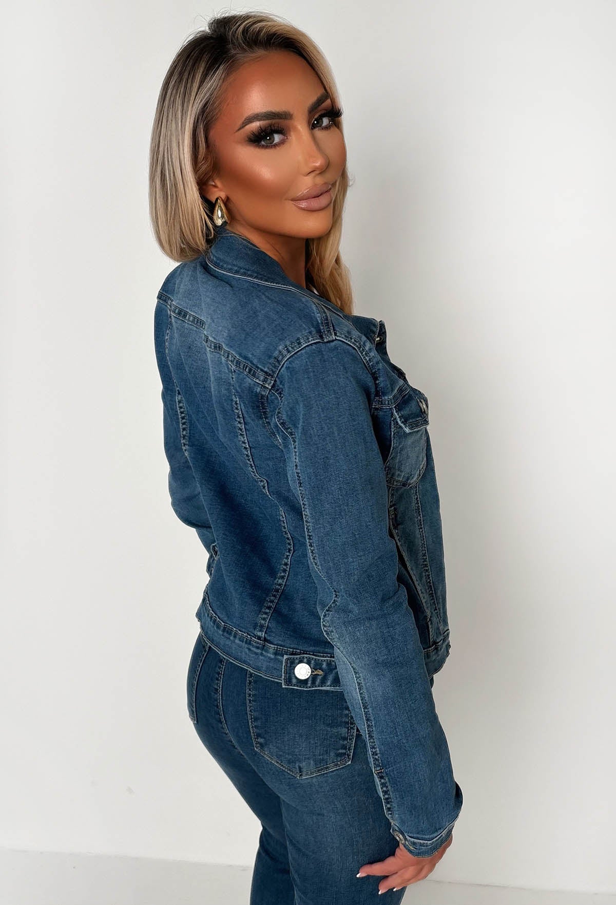 Not My Problem Mid Blue Stretch Fitted Denim Jacket