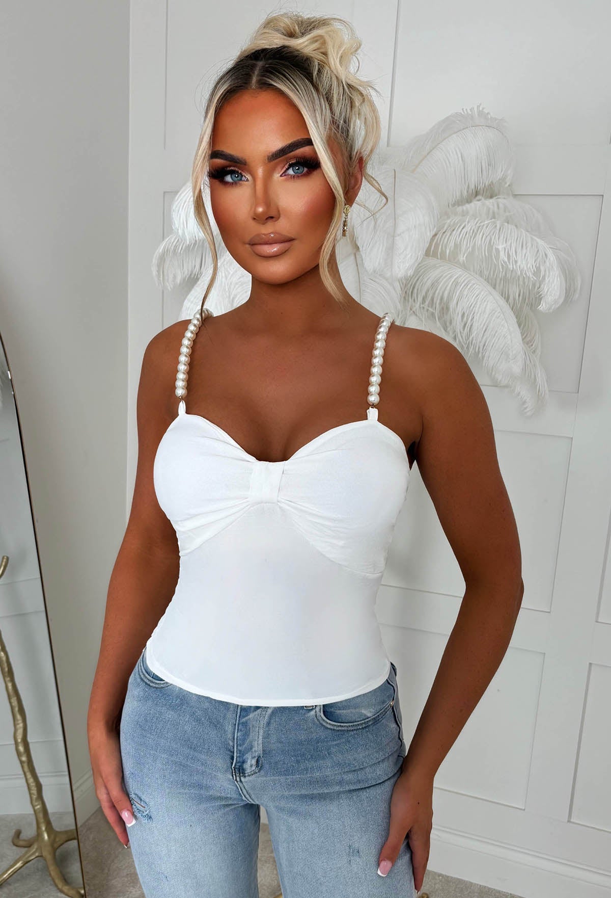 Not So Shy Cream Pearl Strap Bow Top