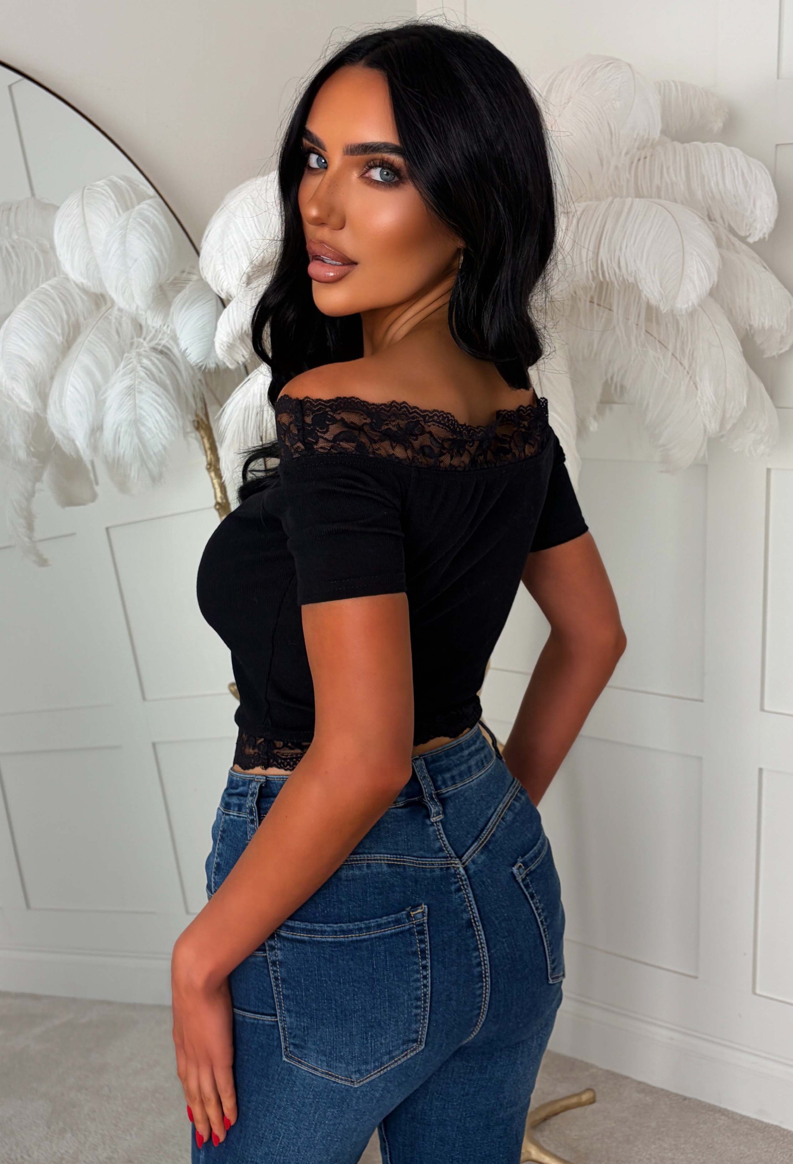 Now You're Gone Black Lace Trim Bardot T-shirt