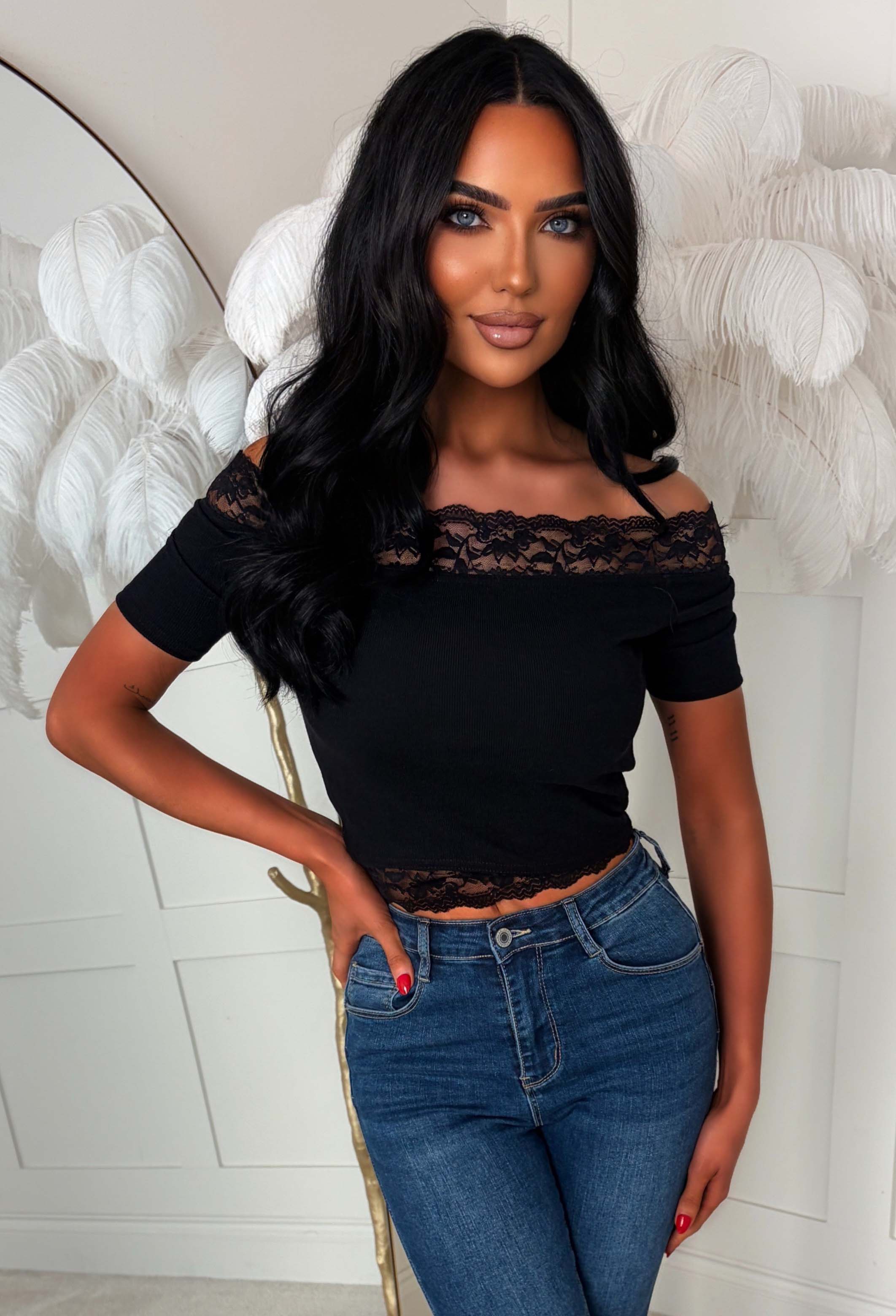 Now You're Gone Black Lace Trim Bardot T-shirt