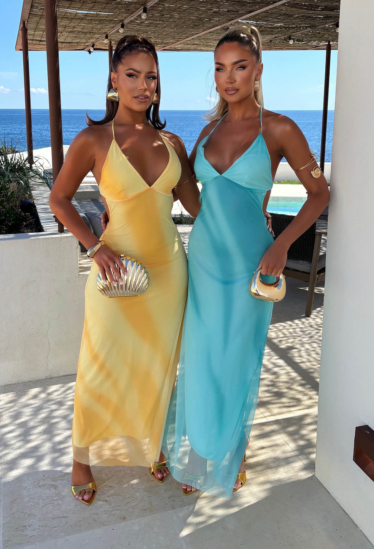 Blue Halter Neck Mesh Maxi Dress Full Length Front View Model Duo
