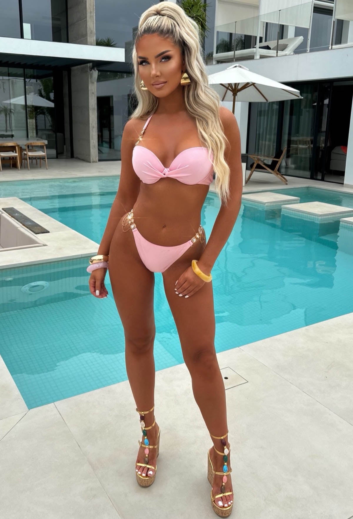 Ocean Obsession Baby Pink Ultra Embellished Push Up Knot Bikini