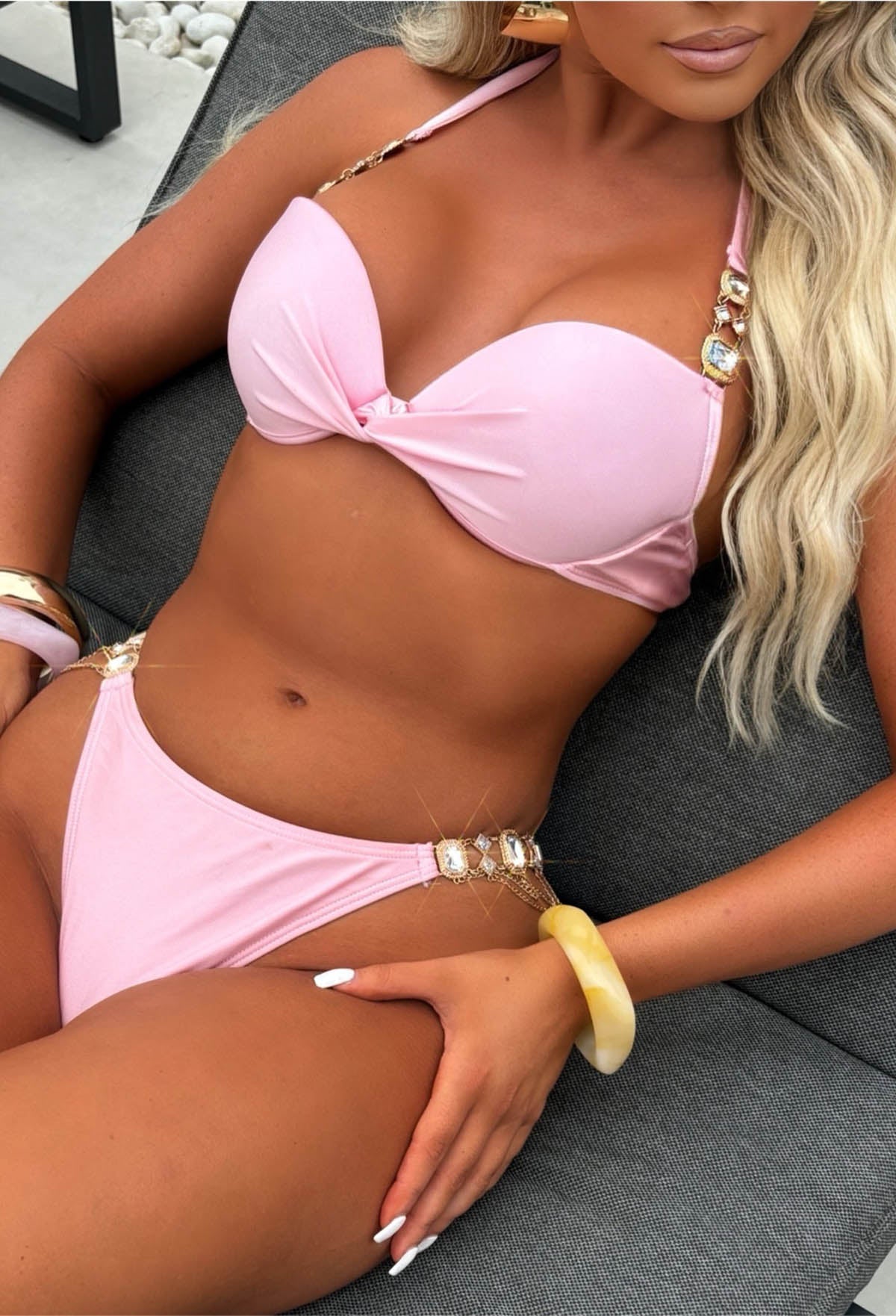 Ocean Obsession Baby Pink Ultra Embellished Push Up Knot Bikini