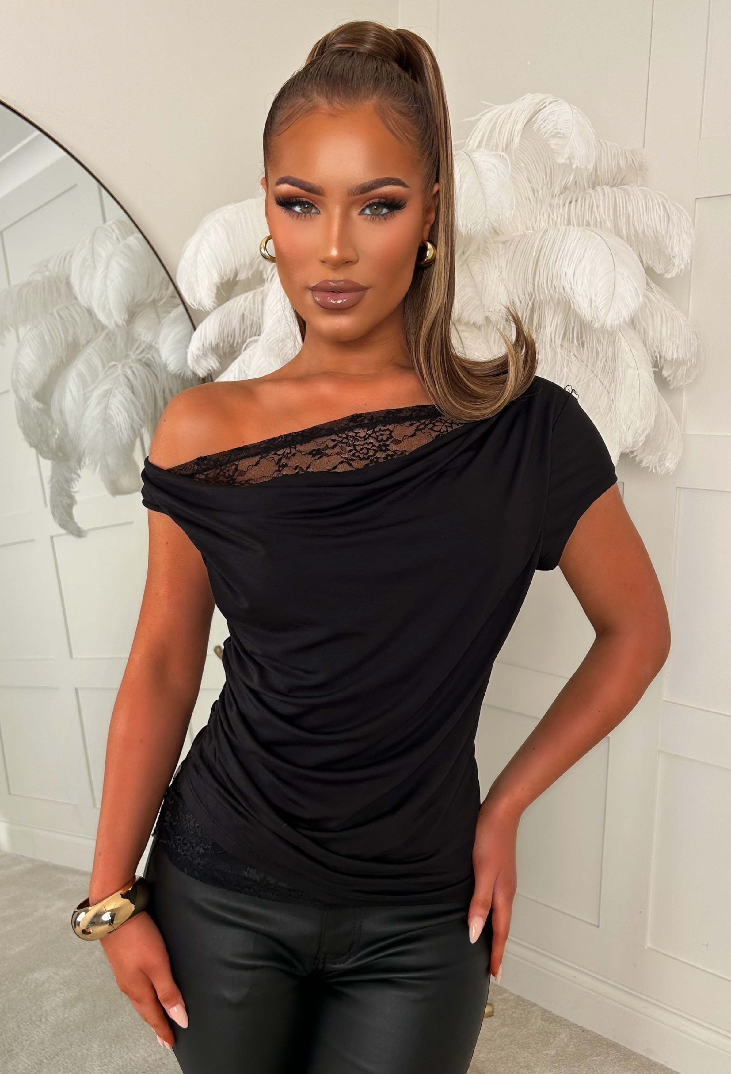 Off-Duty Darling Black Jersey Lace Off Shoulder Top