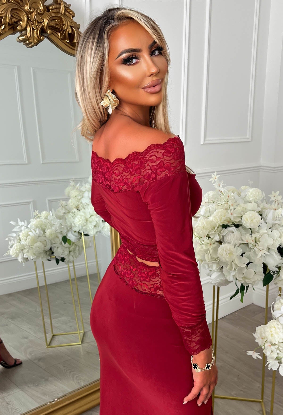 Oh, Honey Burgundy Plum Lace Trim Cut Out Slinky Maxi Skirt Co-Ord Set