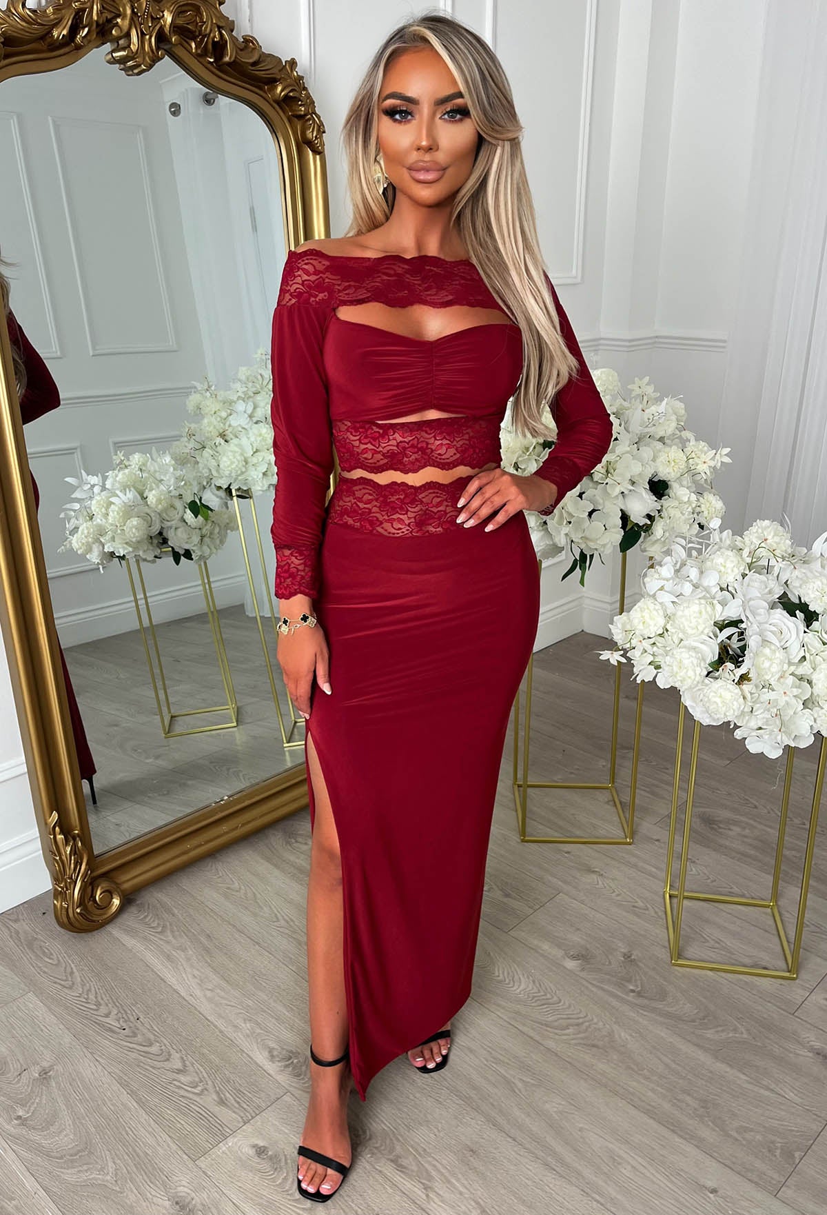 Oh, Honey Burgundy Plum Lace Trim Cut Out Slinky Maxi Skirt Co-Ord Set