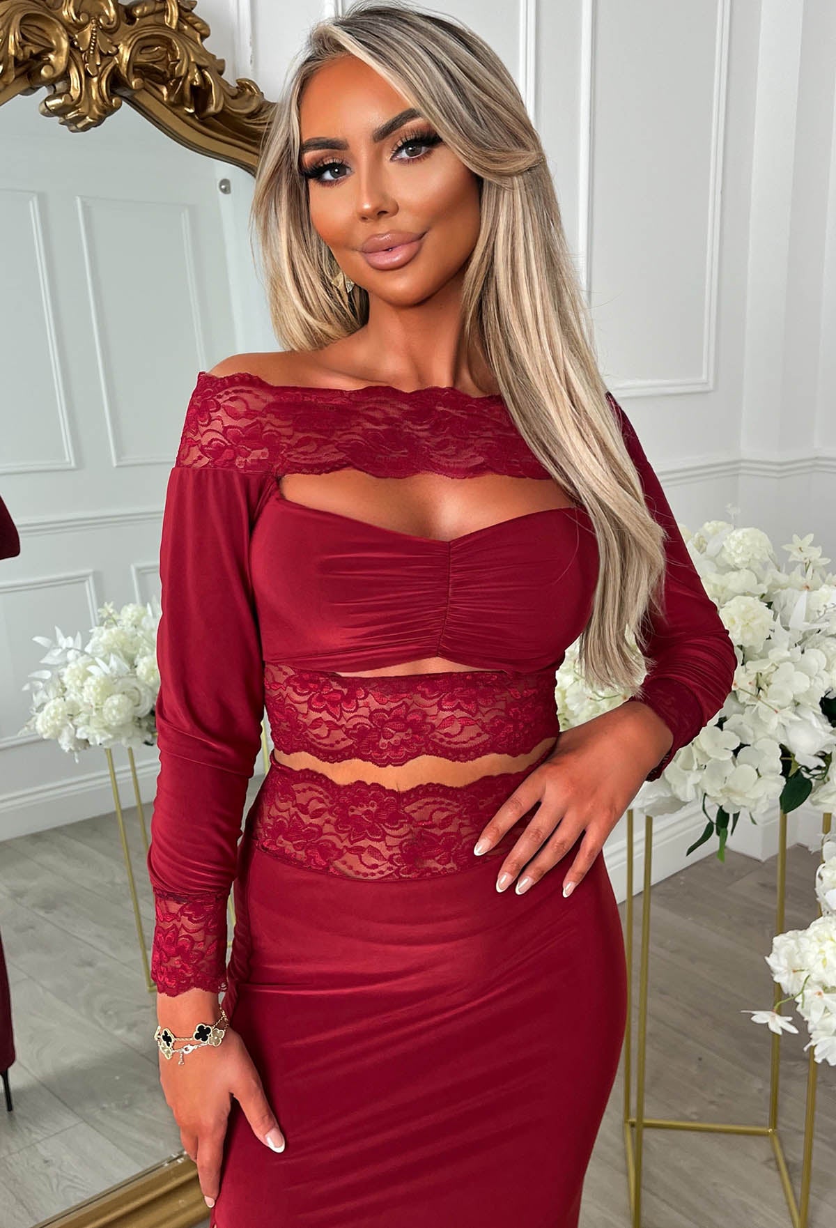 Oh, Honey Burgundy Plum Lace Trim Cut Out Slinky Maxi Skirt Co-Ord Set