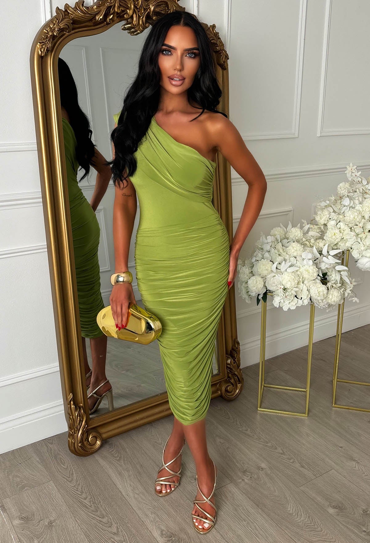 knee length dresses for ladies Green One Shoulder Knot Skirt Midi Dress – AX Paris main image 0