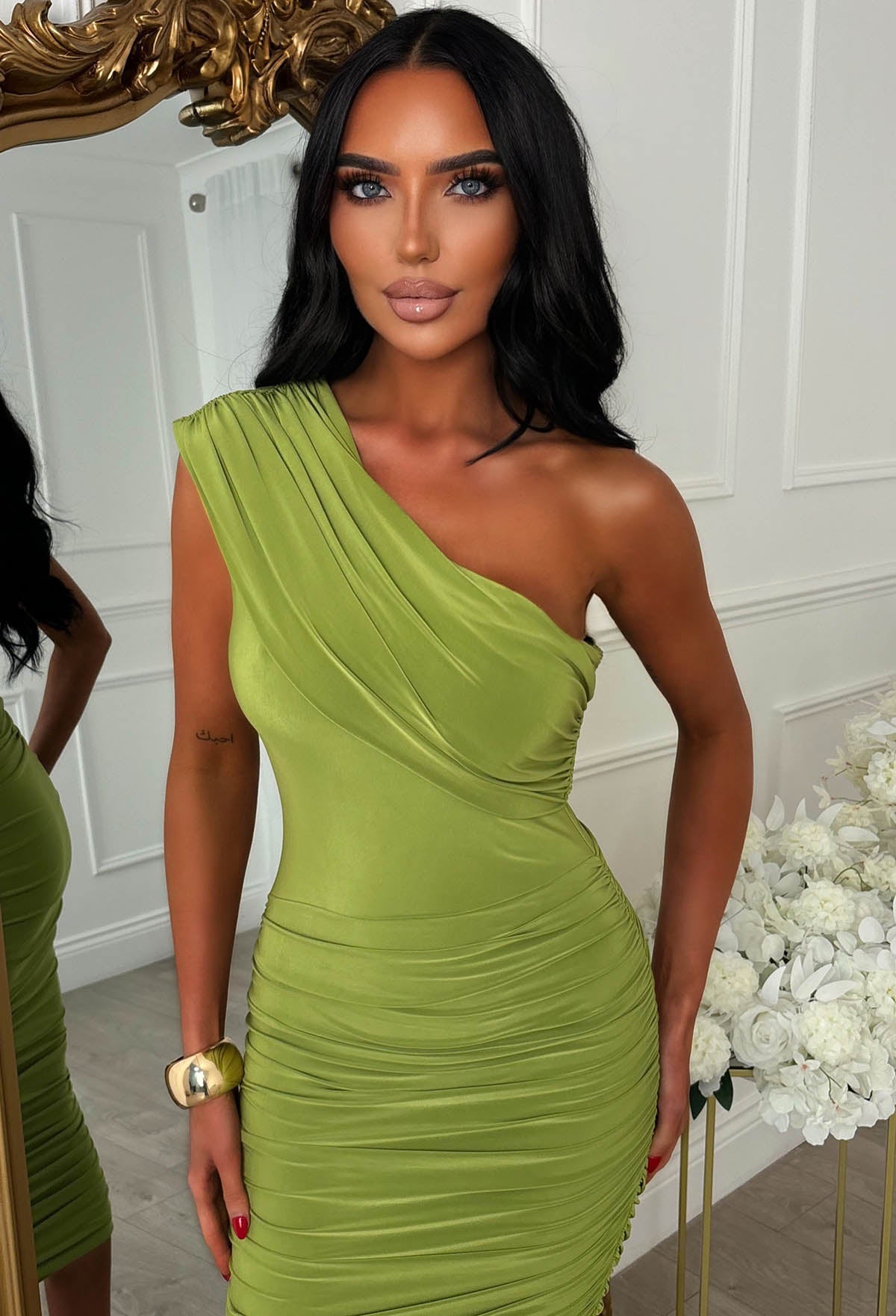 Oh So Effortless Lime One Shoulder Bardot Ruched Midi Dress