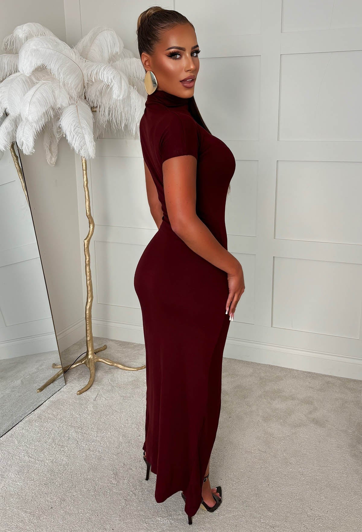 Oh So Sweet Burgundy High Neck Ruched Split Front Maxi Dress