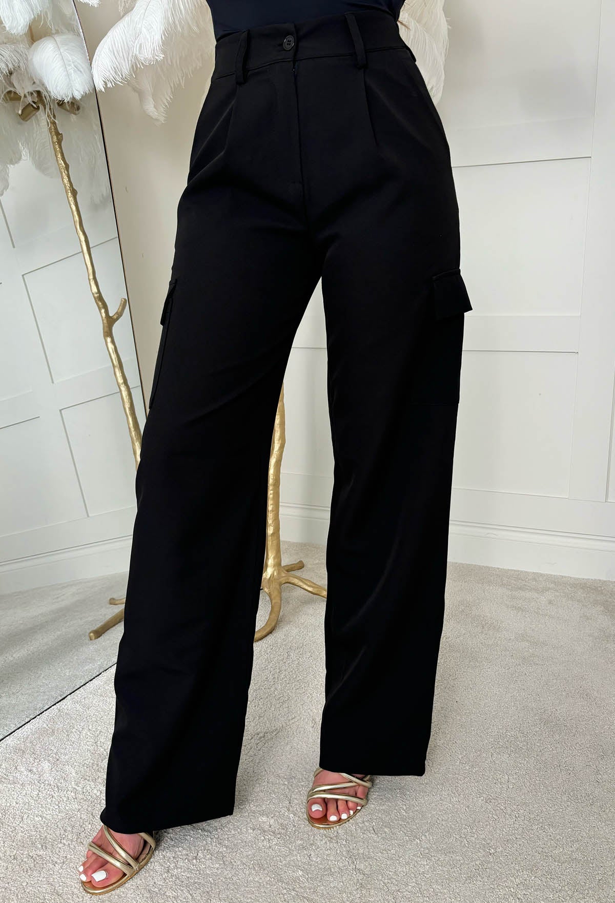 On My Terms Black Straight Leg Cargo Elasticated Trousers