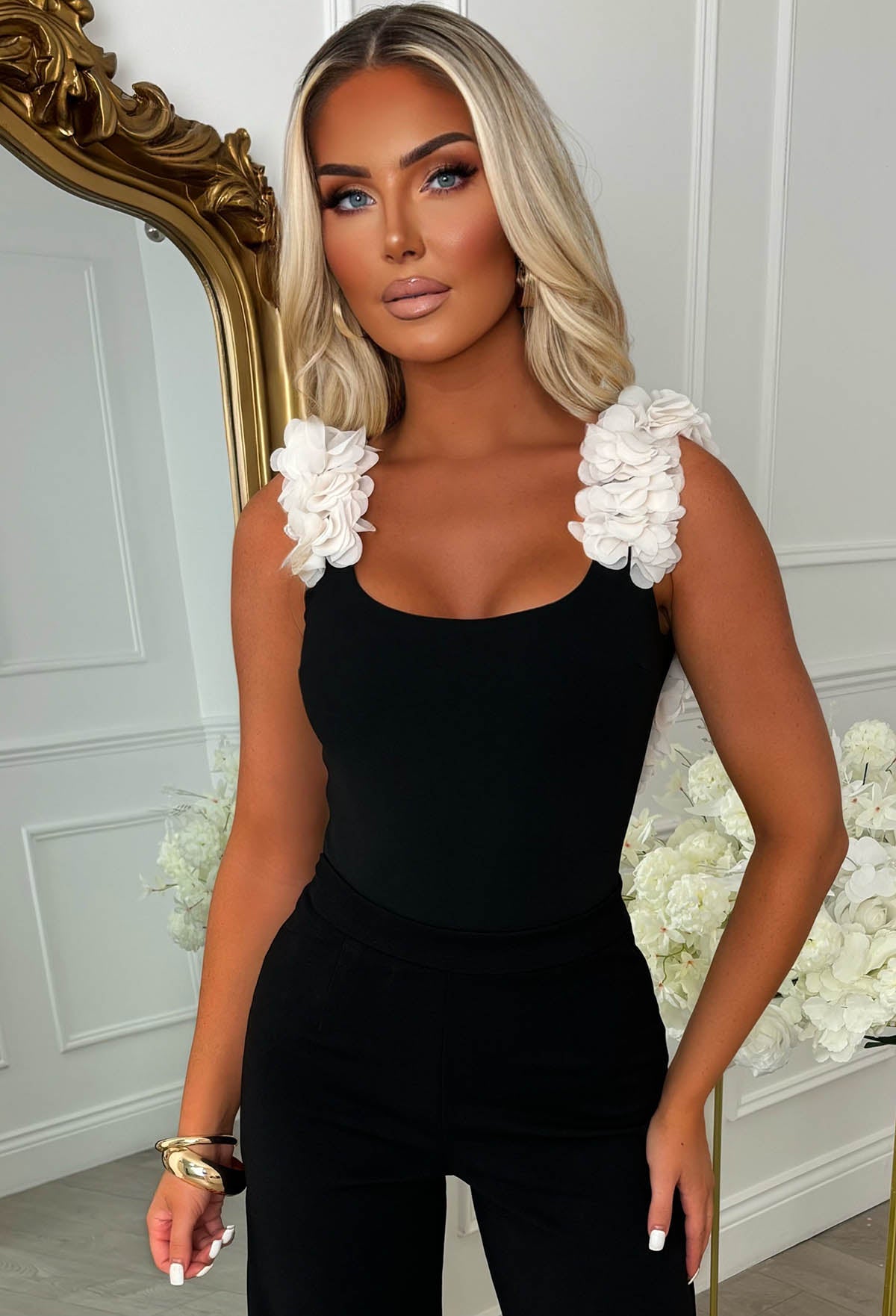 One In A Million Black Ruffle Stretch Bodysuit