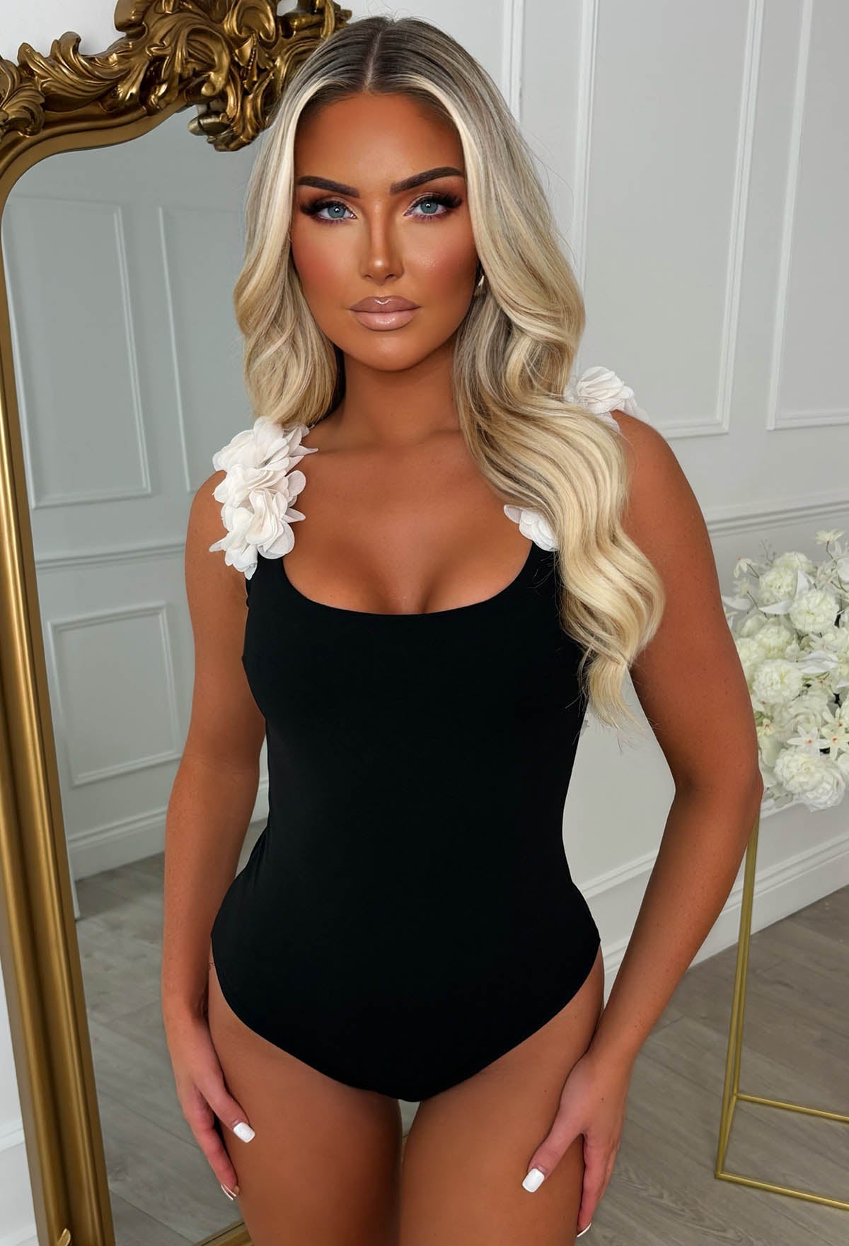 One In A Million Black Ruffle Stretch Bodysuit