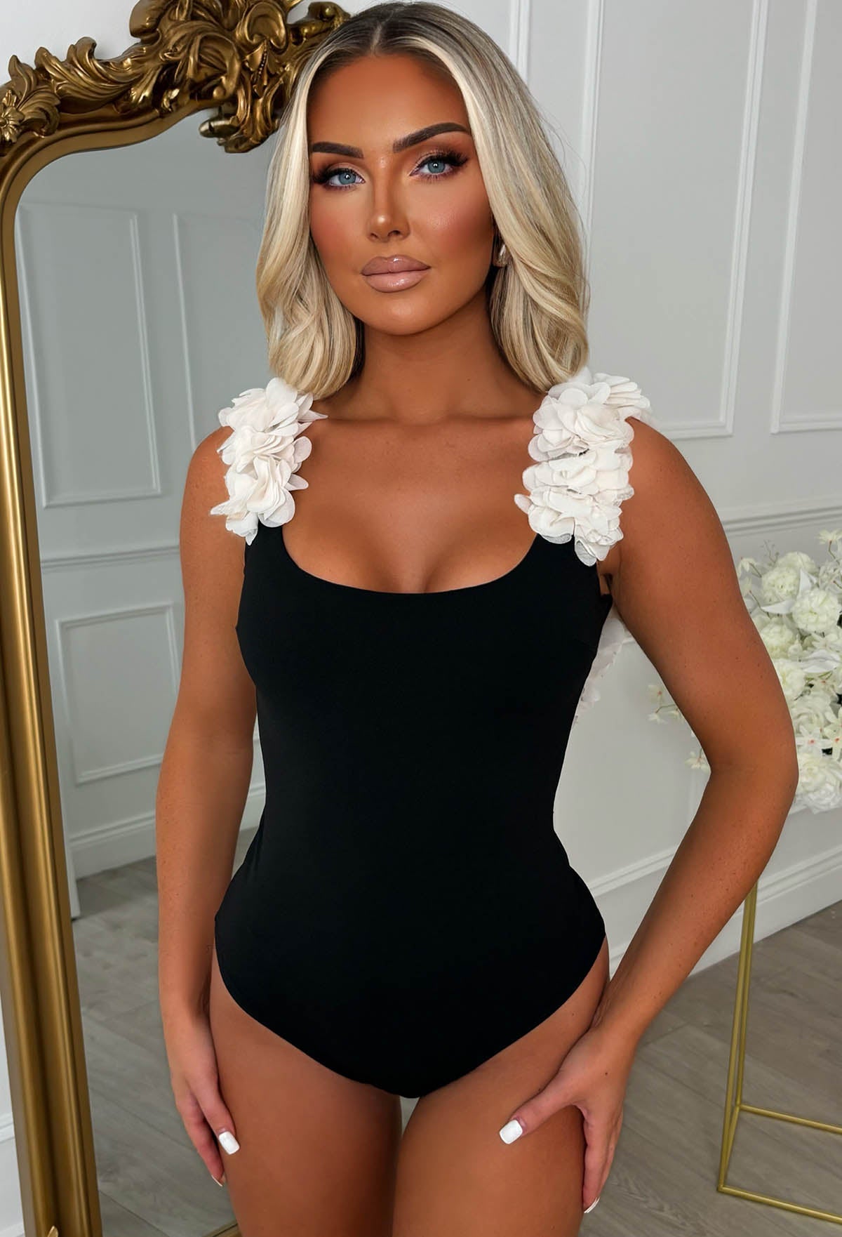 One In A Million Black Ruffle Stretch Bodysuit