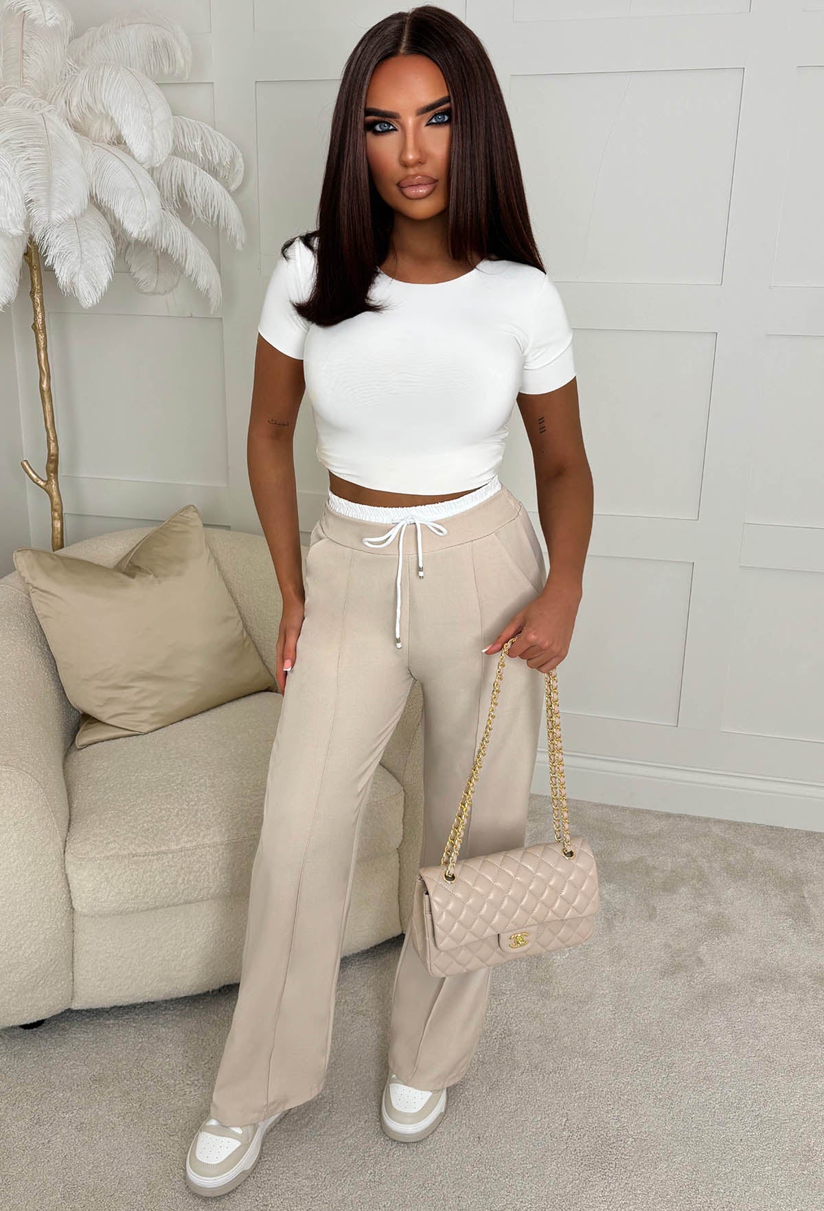 One Step More Beige Contrast Waistband Trousers