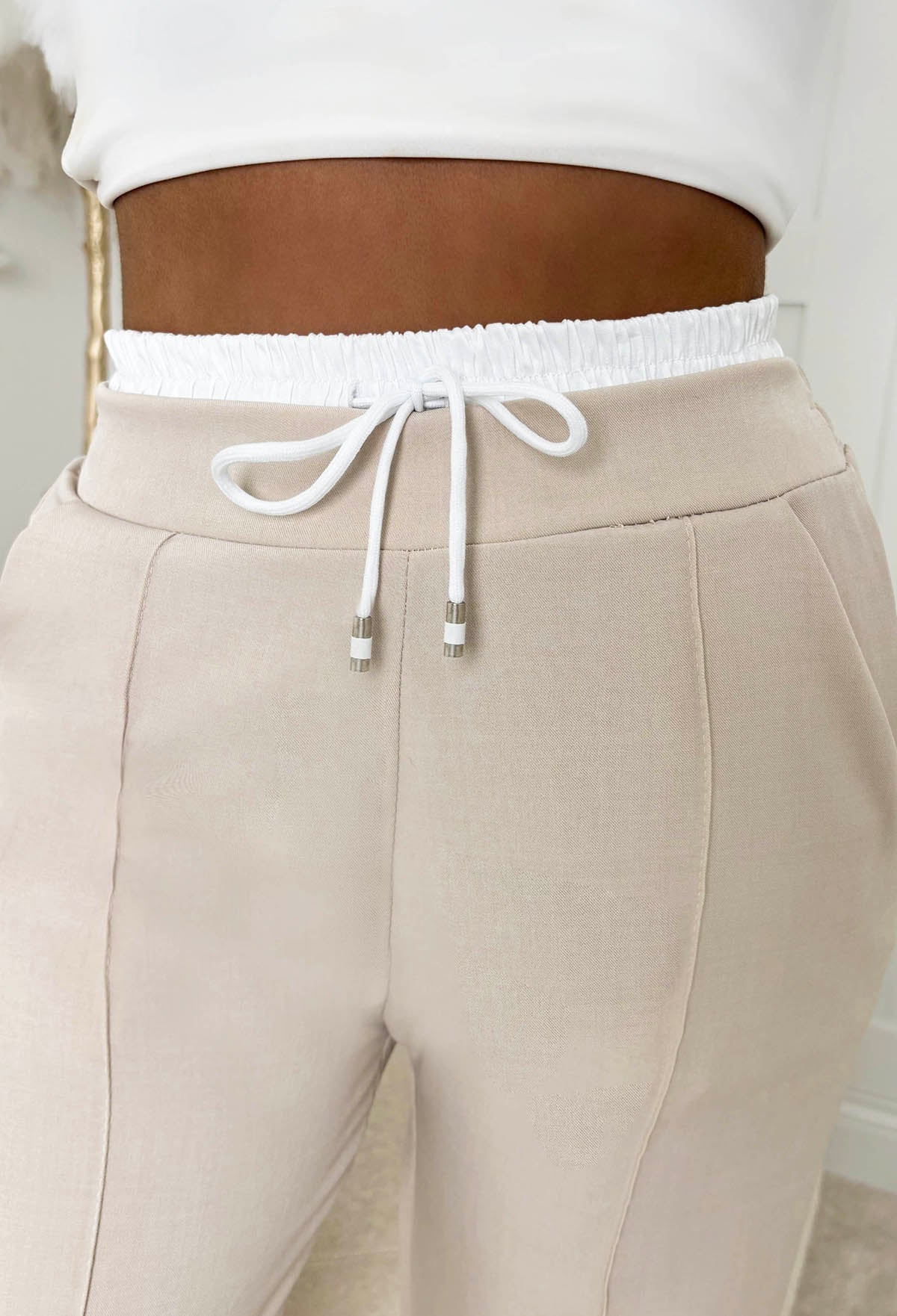 One Step More Beige Contrast Waistband Trousers