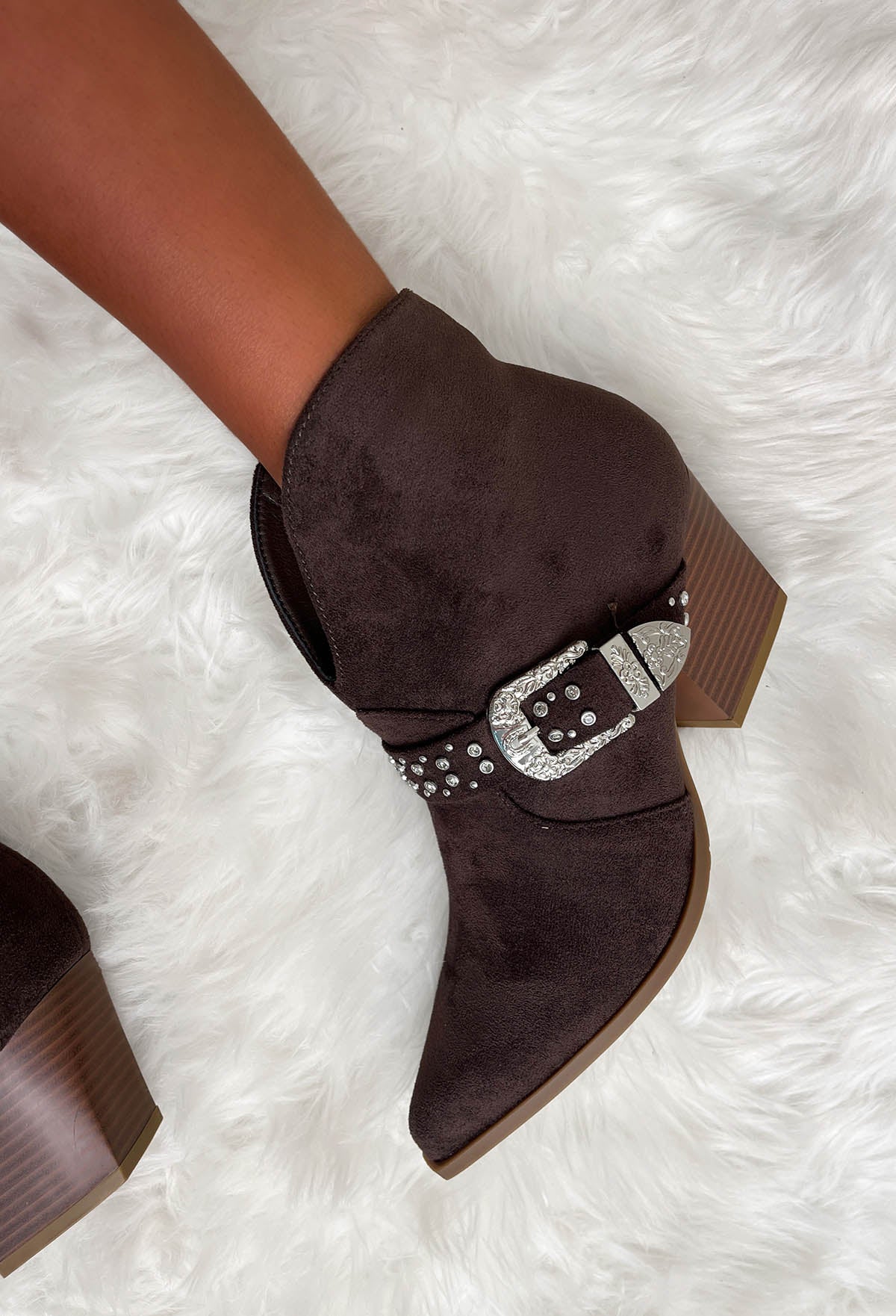 Out West Brown Ankle Strap Studded Cowboy Boots