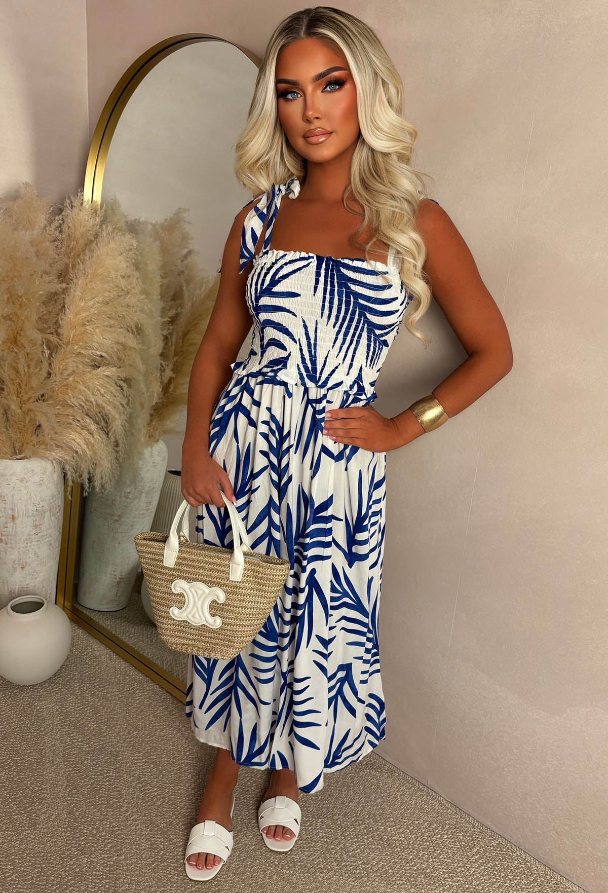 Palm Leaf Allure Blue Palm Print Sun Dress