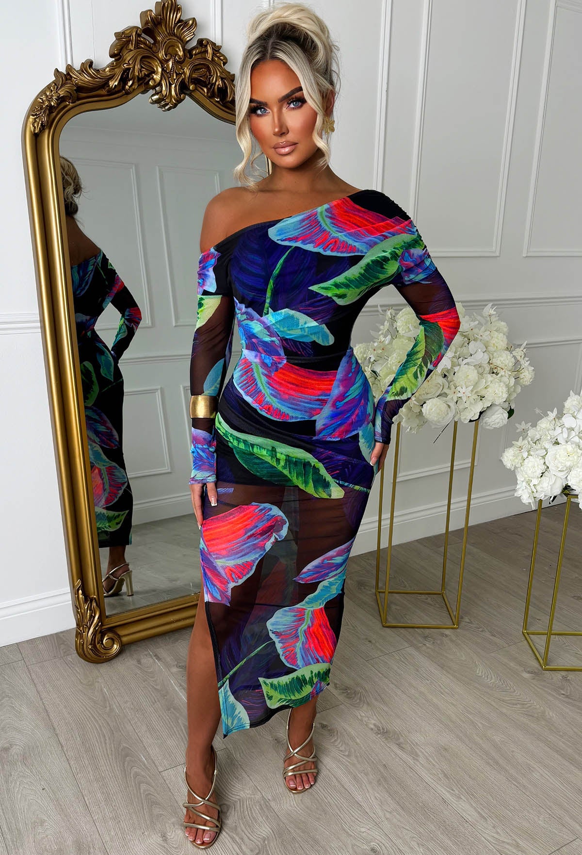 Palm Print Princess Navy Off Shoulder Long Sleeve Mesh Maxi Dress
