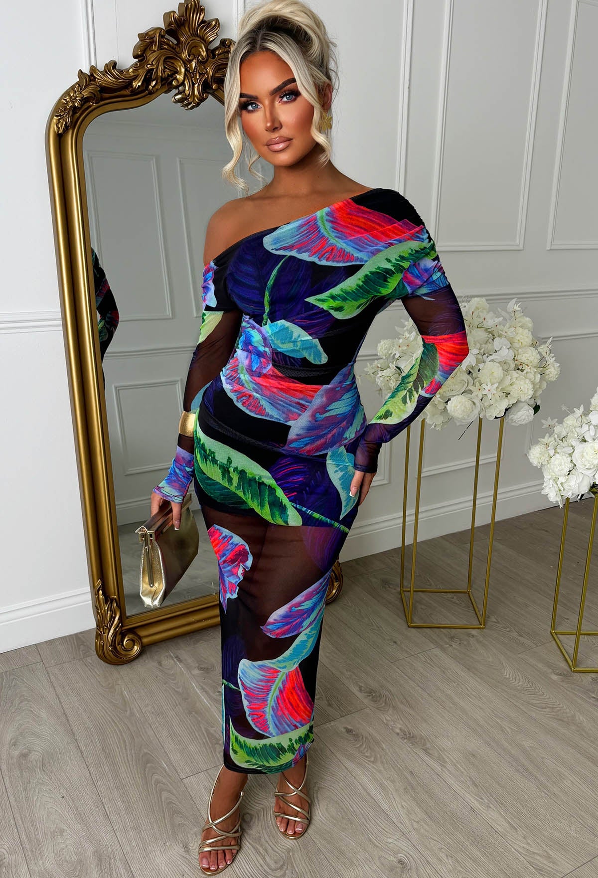 Palm Print Princess Navy Off Shoulder Long Sleeve Mesh Maxi Dress