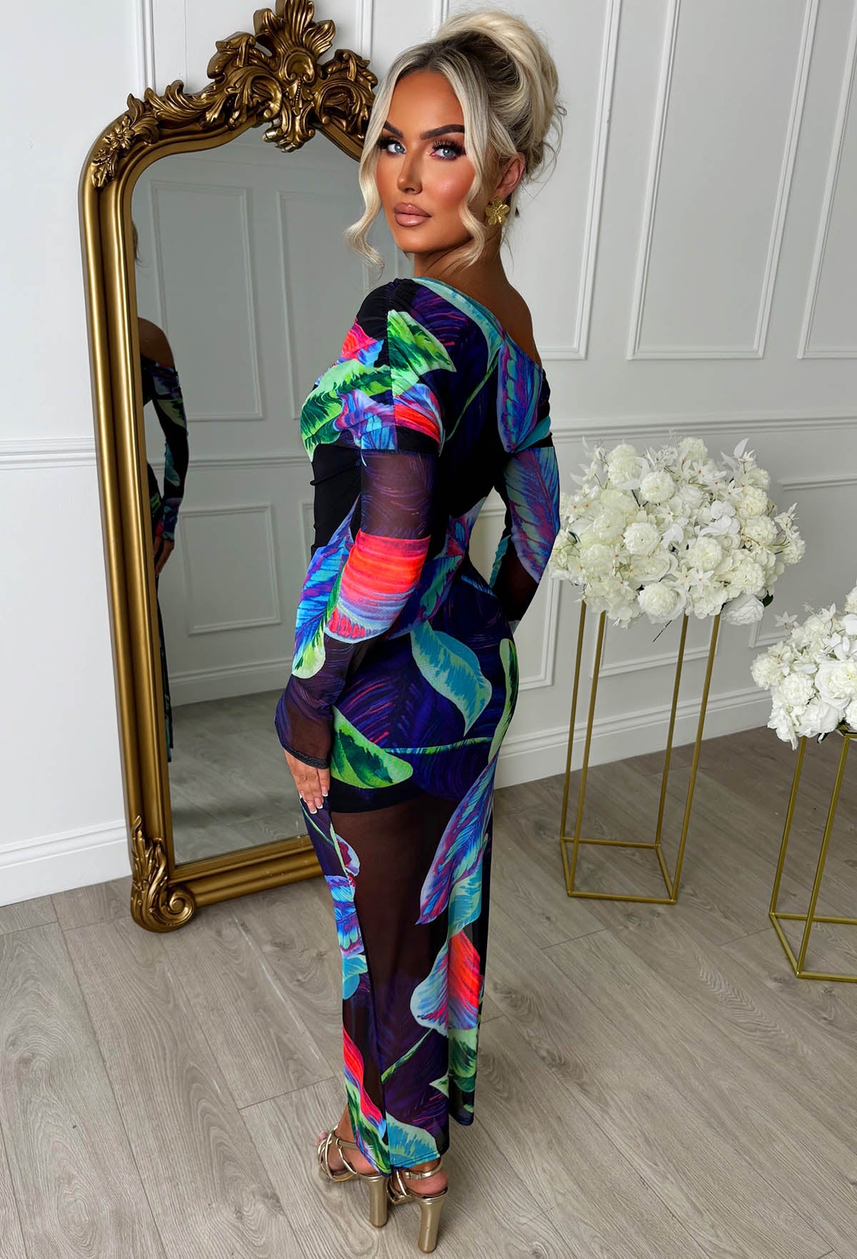 Palm Print Princess Navy Off Shoulder Long Sleeve Mesh Maxi Dress