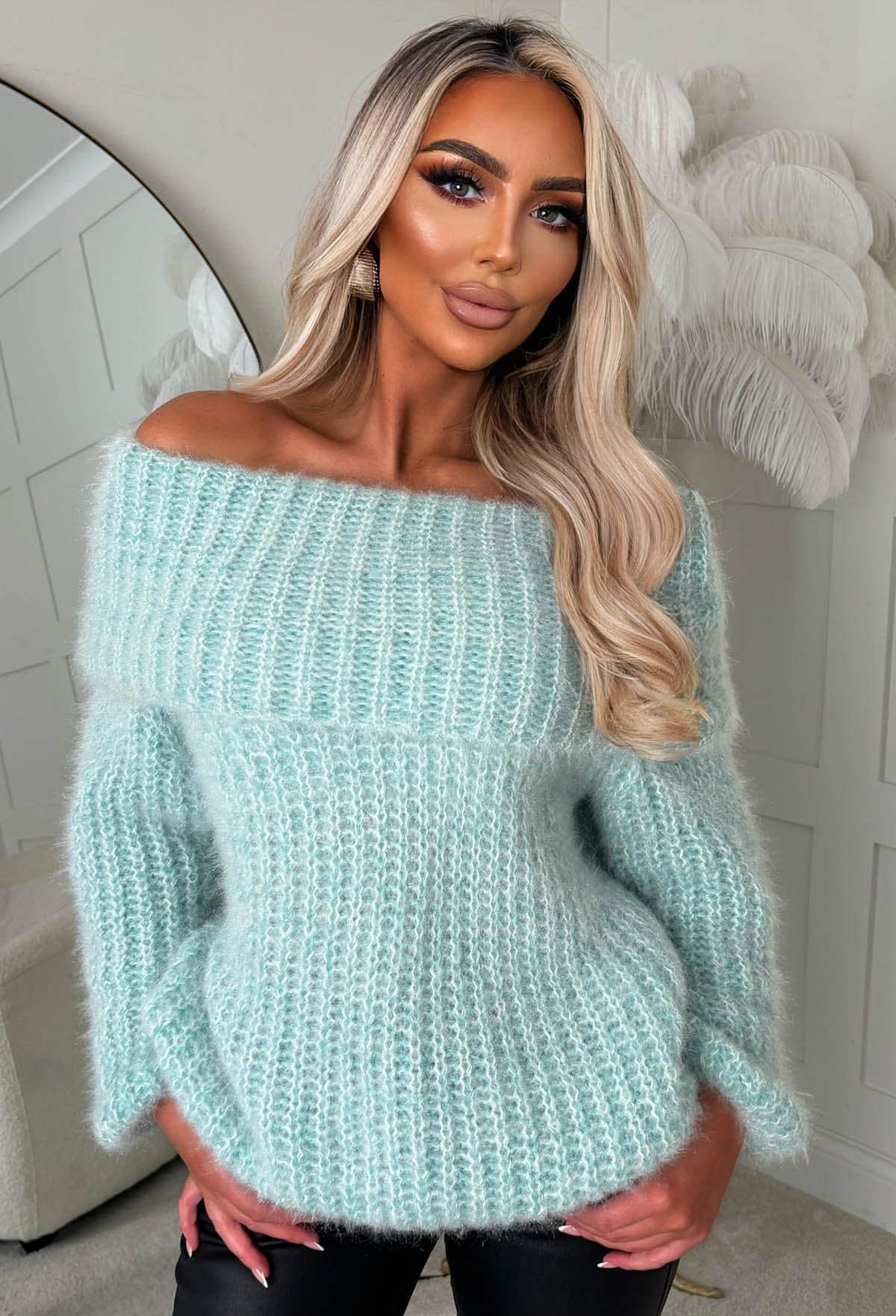 Parisian Chills Green Oversized Bardot Jumper