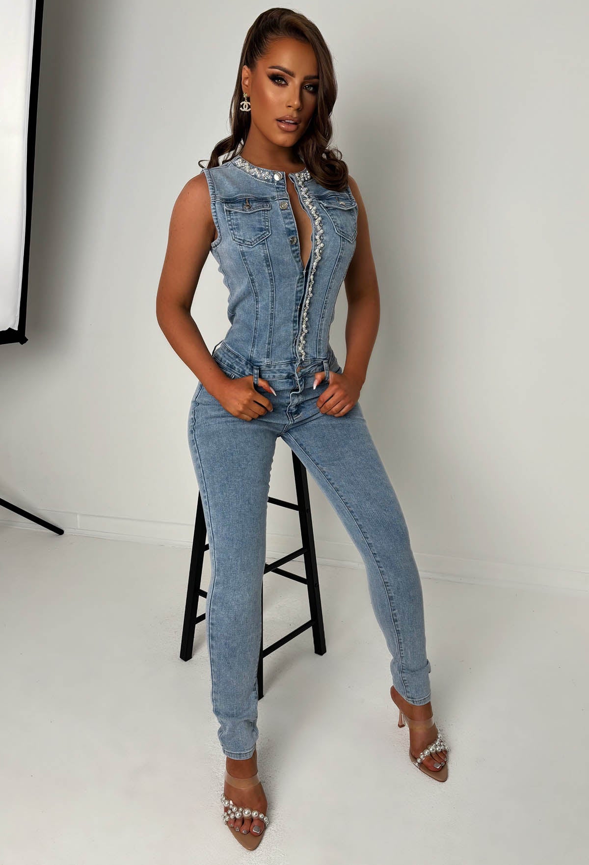Pearl Destiny Mid Blue Stretch Denim Pearl Jumpsuit