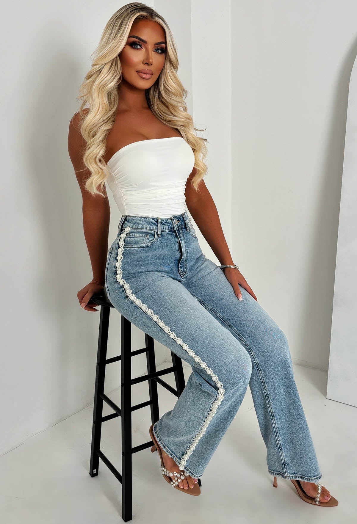 Pearl Divine Mid Wash Stretch Pearl Detail Jeans