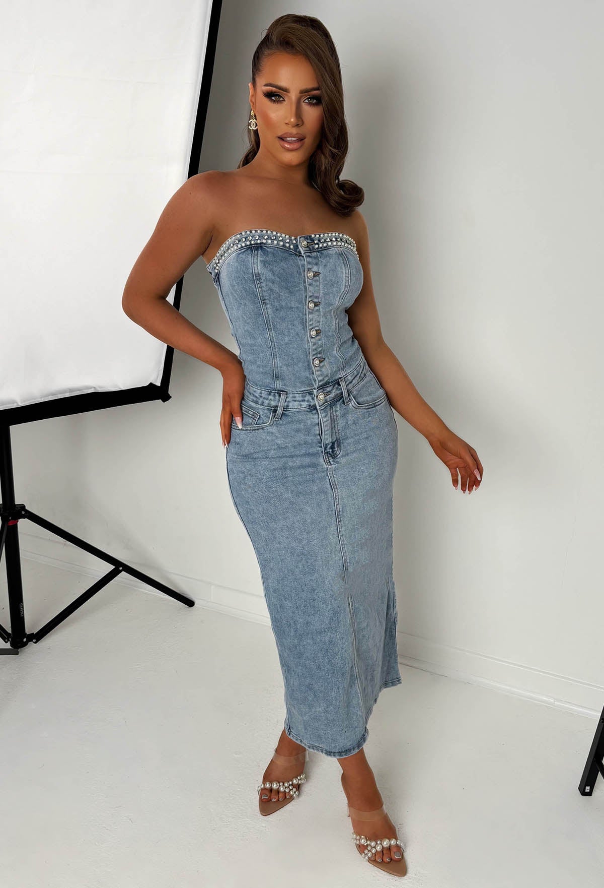 Pearl Escape Mid Blue Stretch Denim Pearl Dress | Pink Boutique Pearl Escape Mid Blue Stretch Denim Pearl Dress | Pink Boutique