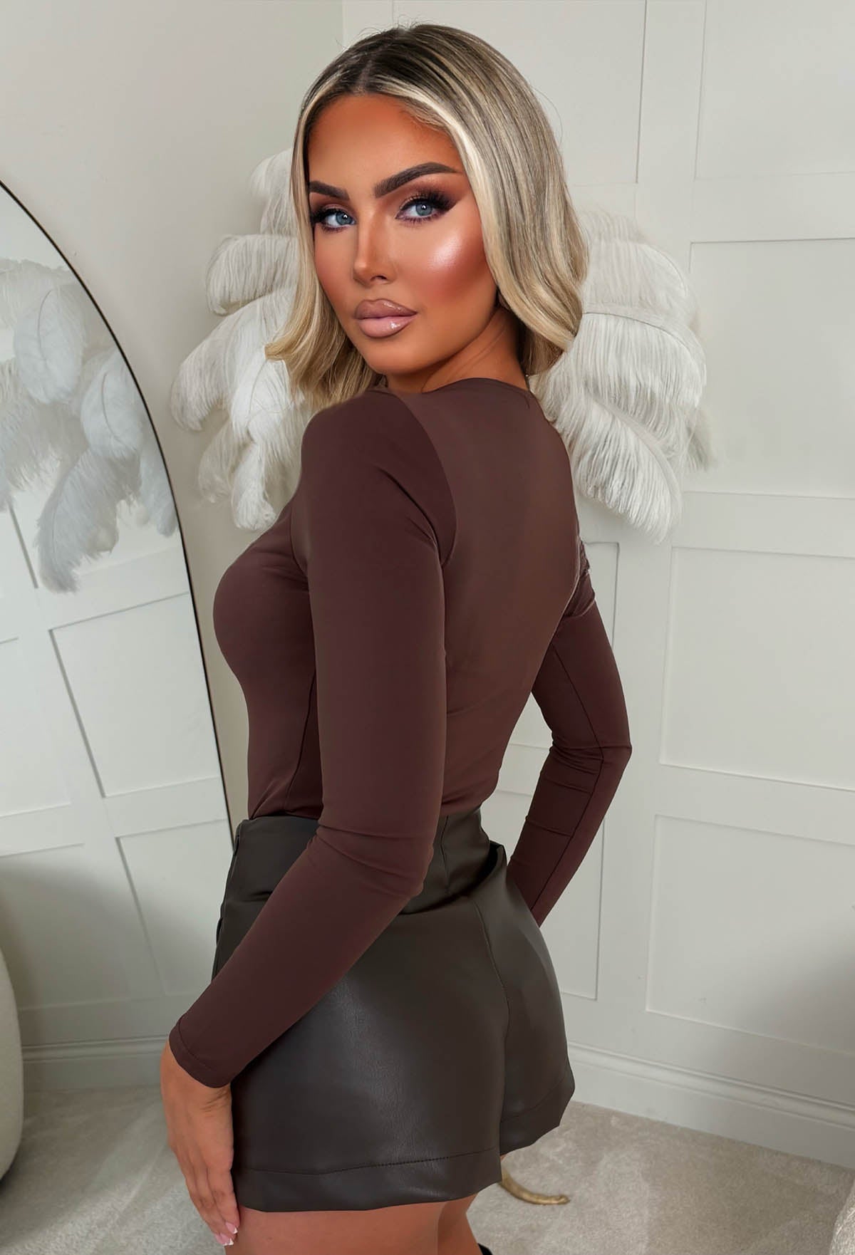 Pearly & Girly Brown Studded Neck Bodysuit