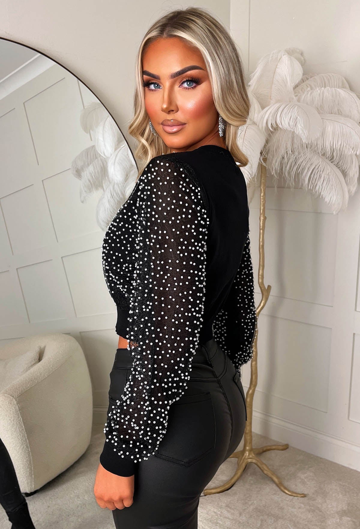 Pearly Queen Black Long Sleeve Pearl Crew Neck Cropped Jumper