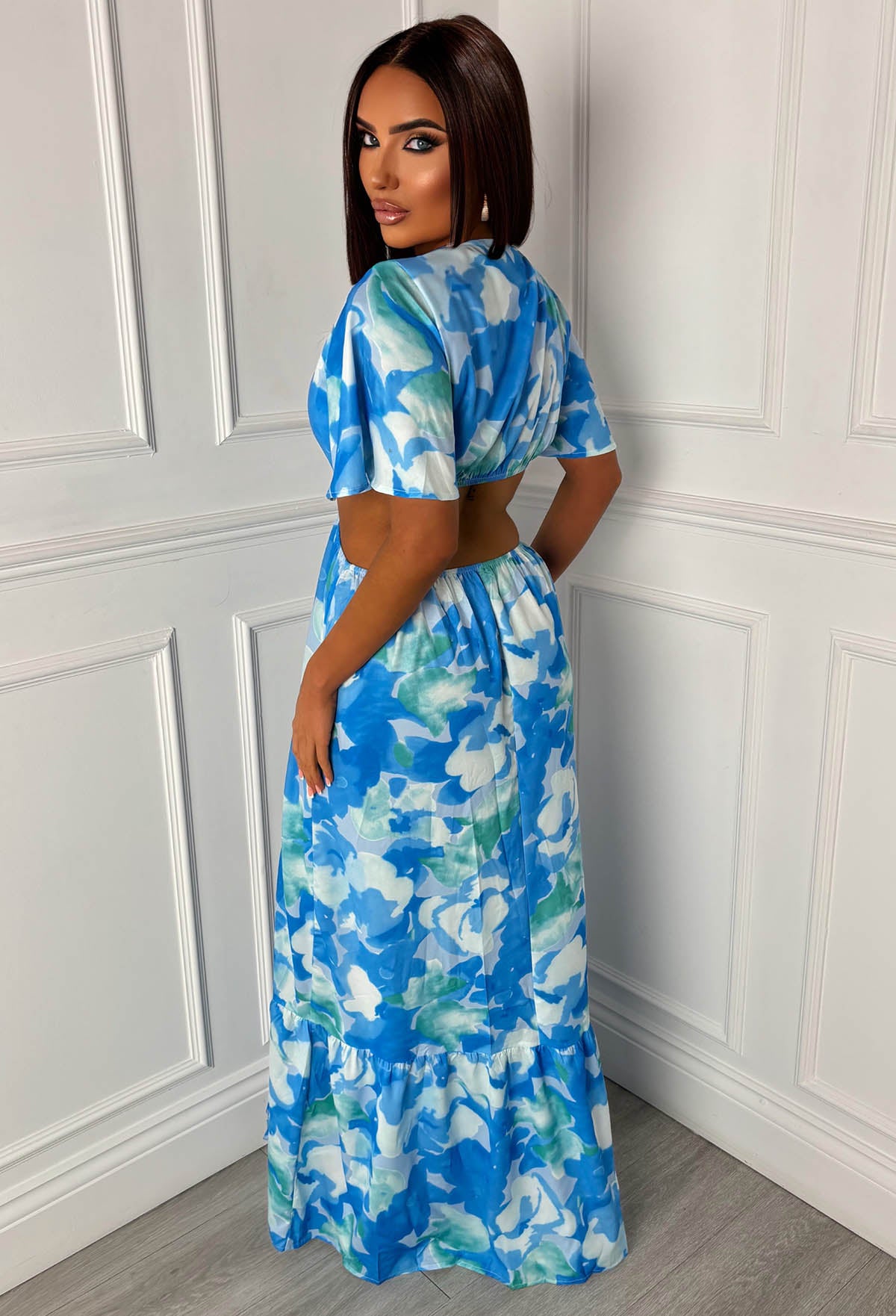 Peekaboo Charm Blue Ring Front Side Cut Out Split Leg Maxi Dress