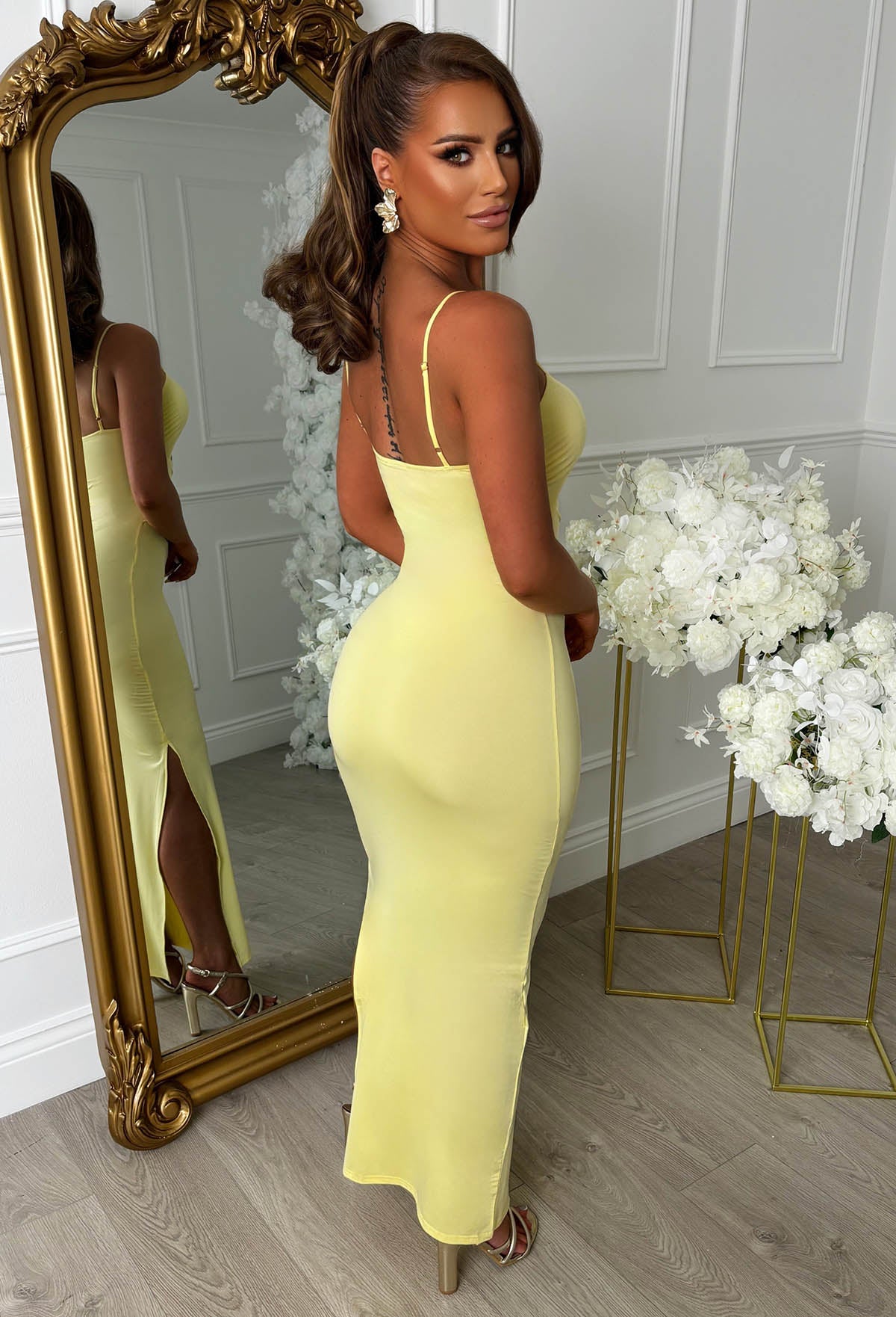 Peekaboo Perfection Lemon Cut Out Buckle Maxi Dress
