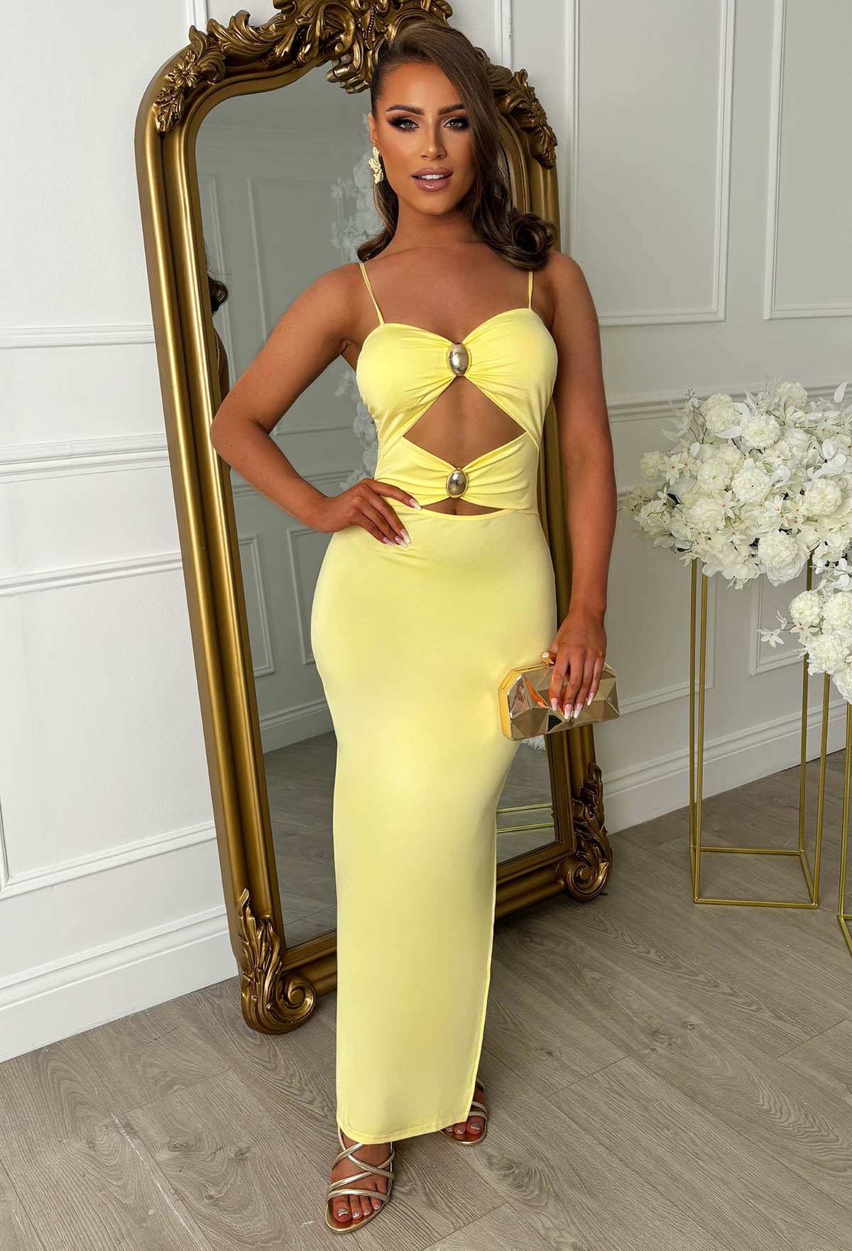 Peekaboo Perfection Lemon Cut Out Buckle Maxi Dress