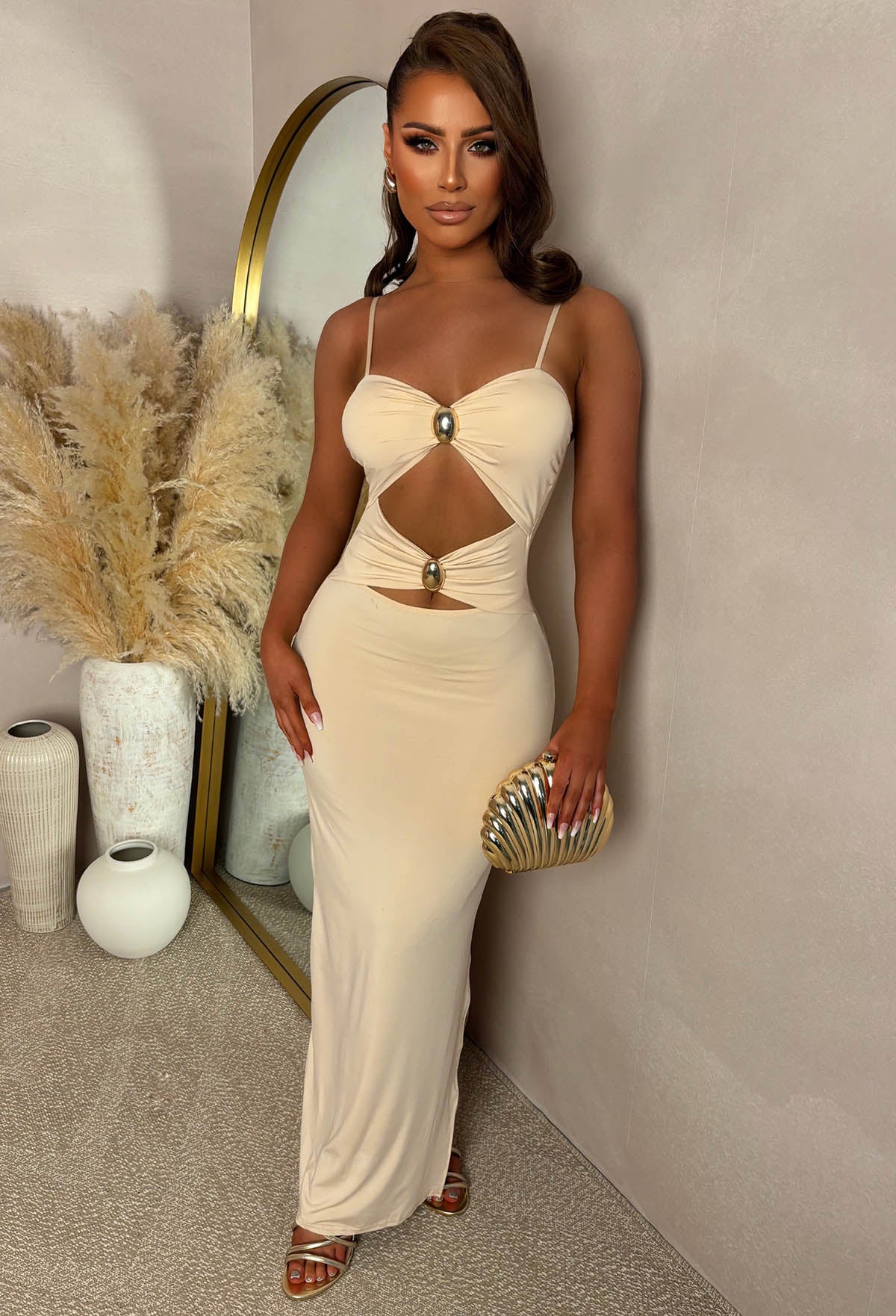 Peekaboo Perfection Stone Cut Out Buckle Maxi Dress