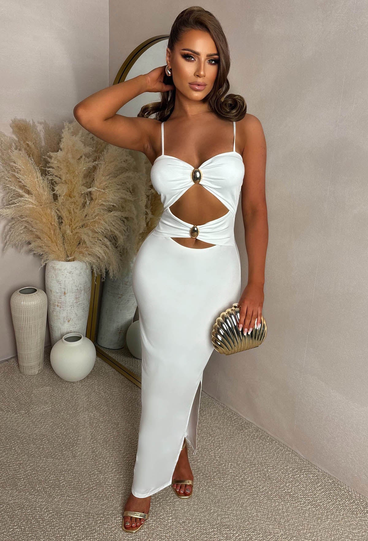Peekaboo Perfection White Cut Out Buckle Maxi Dress Peekaboo Perfection White Cut Out Buckle Maxi Dress