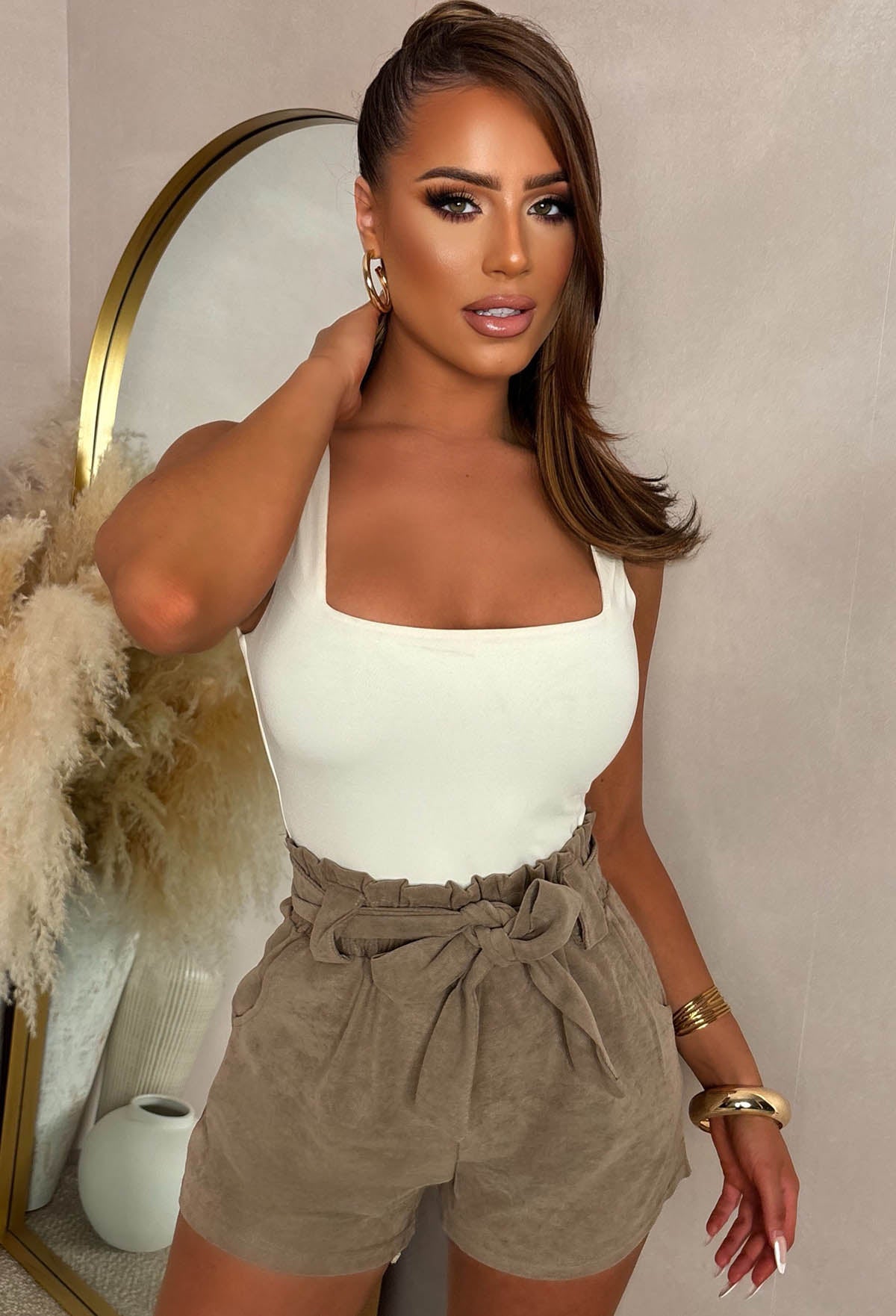 Perfect For Me Taupe Paperbag Shorts