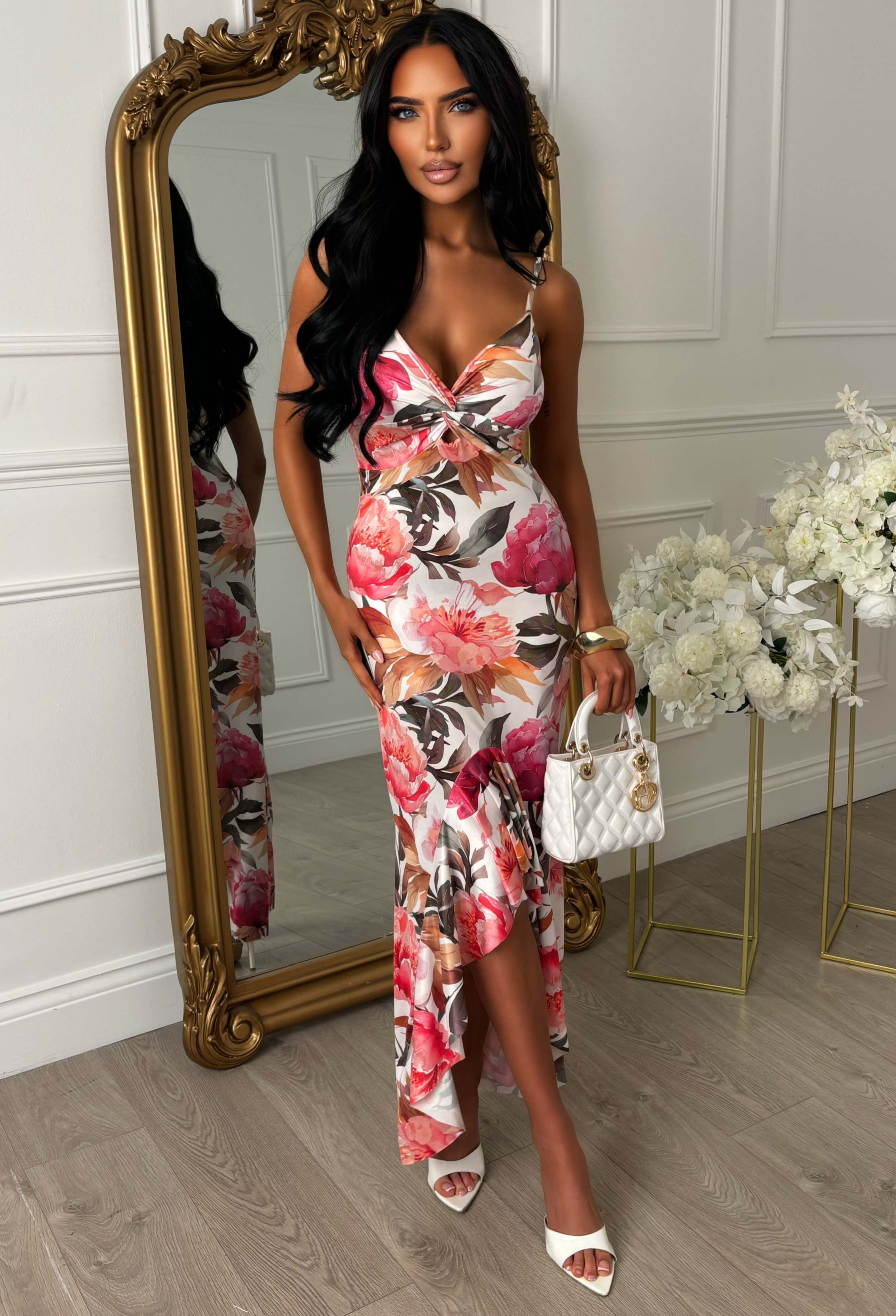 Perfect Poise Multi Rose Print Twist Front Ruffle Midi Dress