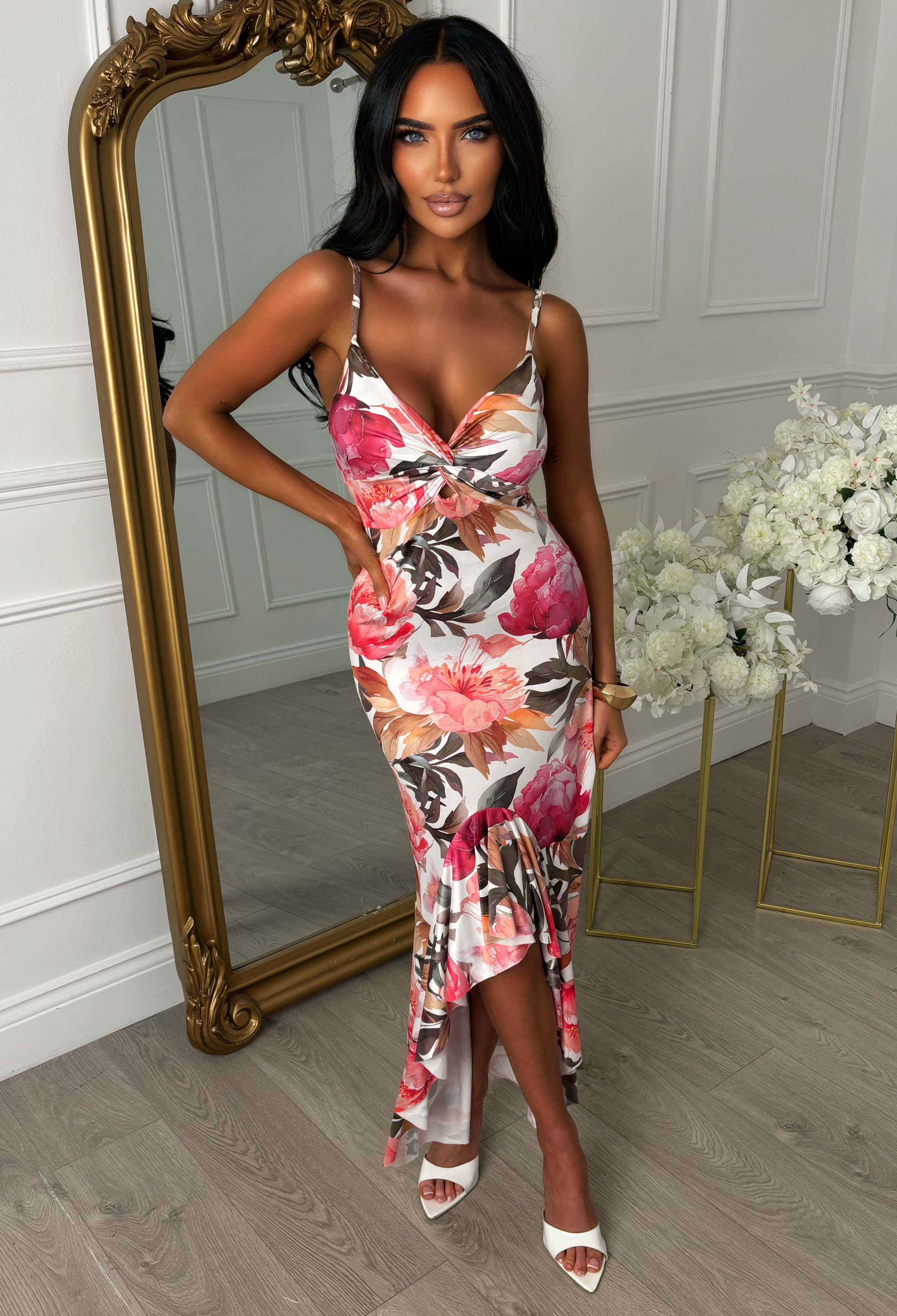 Perfect Poise Multi Rose Print Twist Front Ruffle Midi Dress