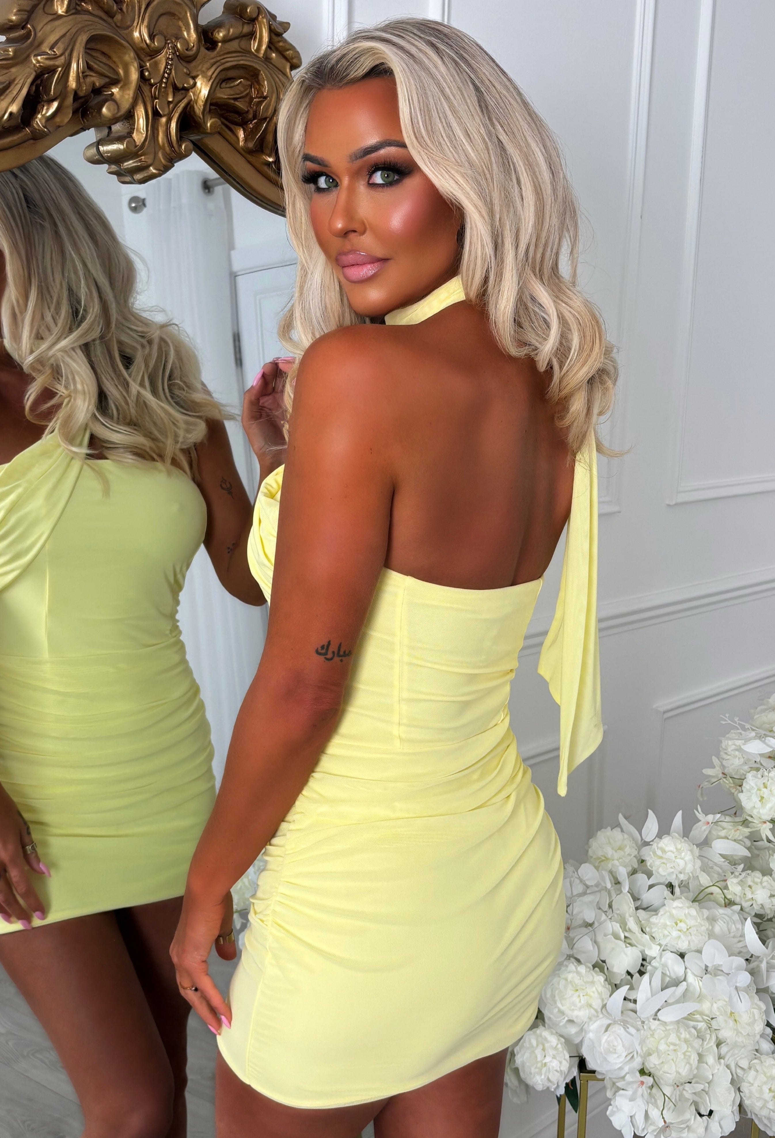 Lemon Scarf Drape Neck Mini Dress Back