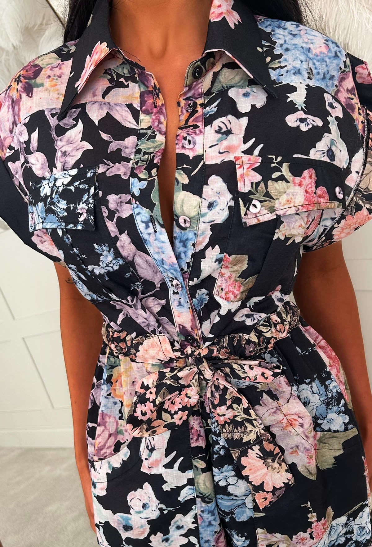 Petal Princess Black Floral Short Sleeve Playsuit